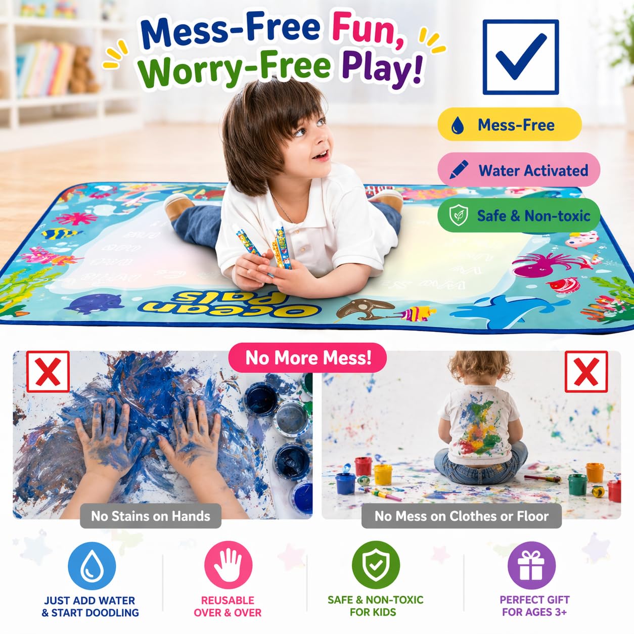 ANIMOLDS Water Doodle Mat for Kids, Large 40 x 32 Aqua Magic Reusable Drawing Mat, Mess Free Coloring & Writing Toy, Educational Gift for Toddlers Boys Girls