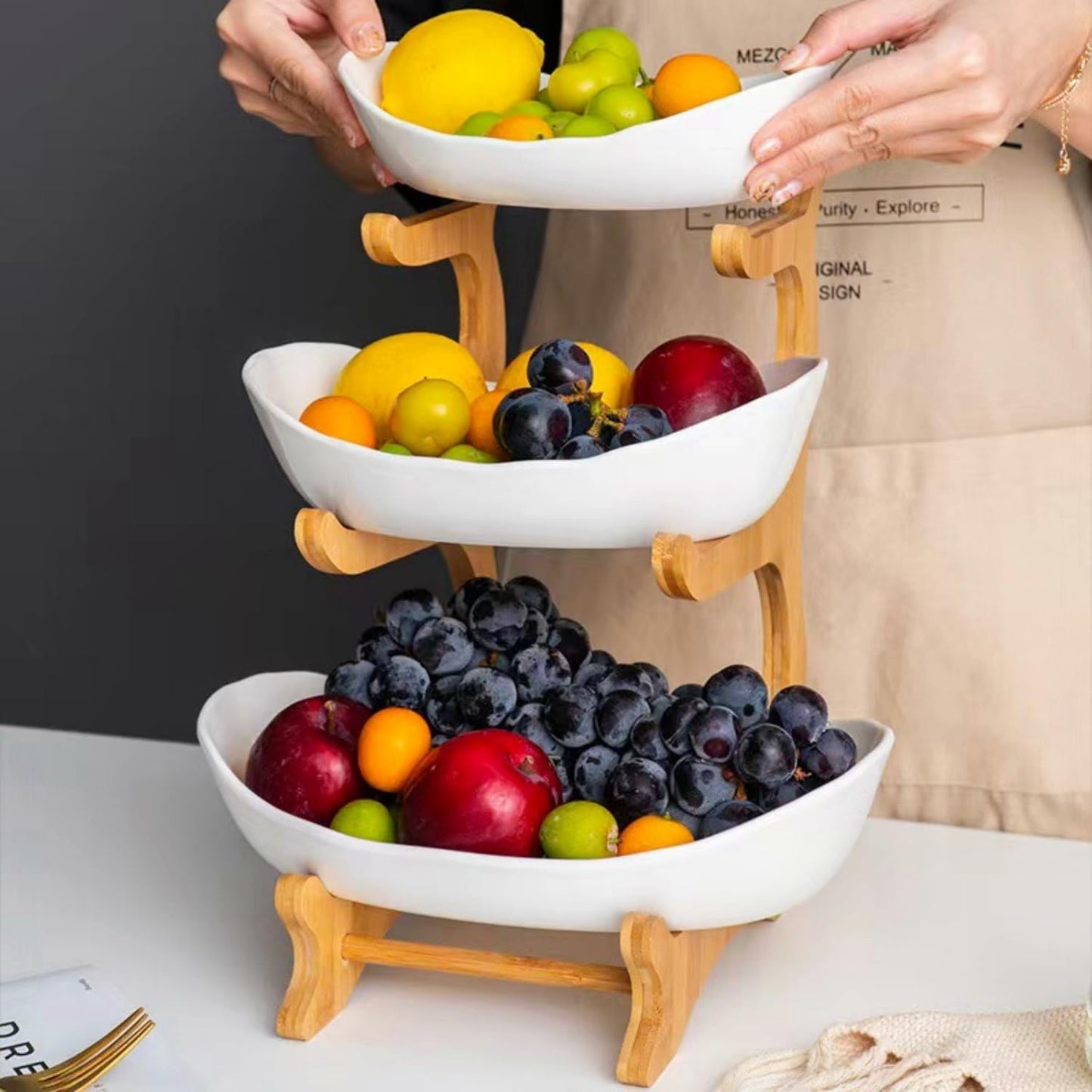 YWHWXB Multi-Layer Fruit Bowl with Natural Bamboo Rack,Plastic Wooden Frame Candy Plate,Large Capacity Snack Bowl Set,Bamboo Food Serving Tray for Kitchen Counter (White, Triple Layer)