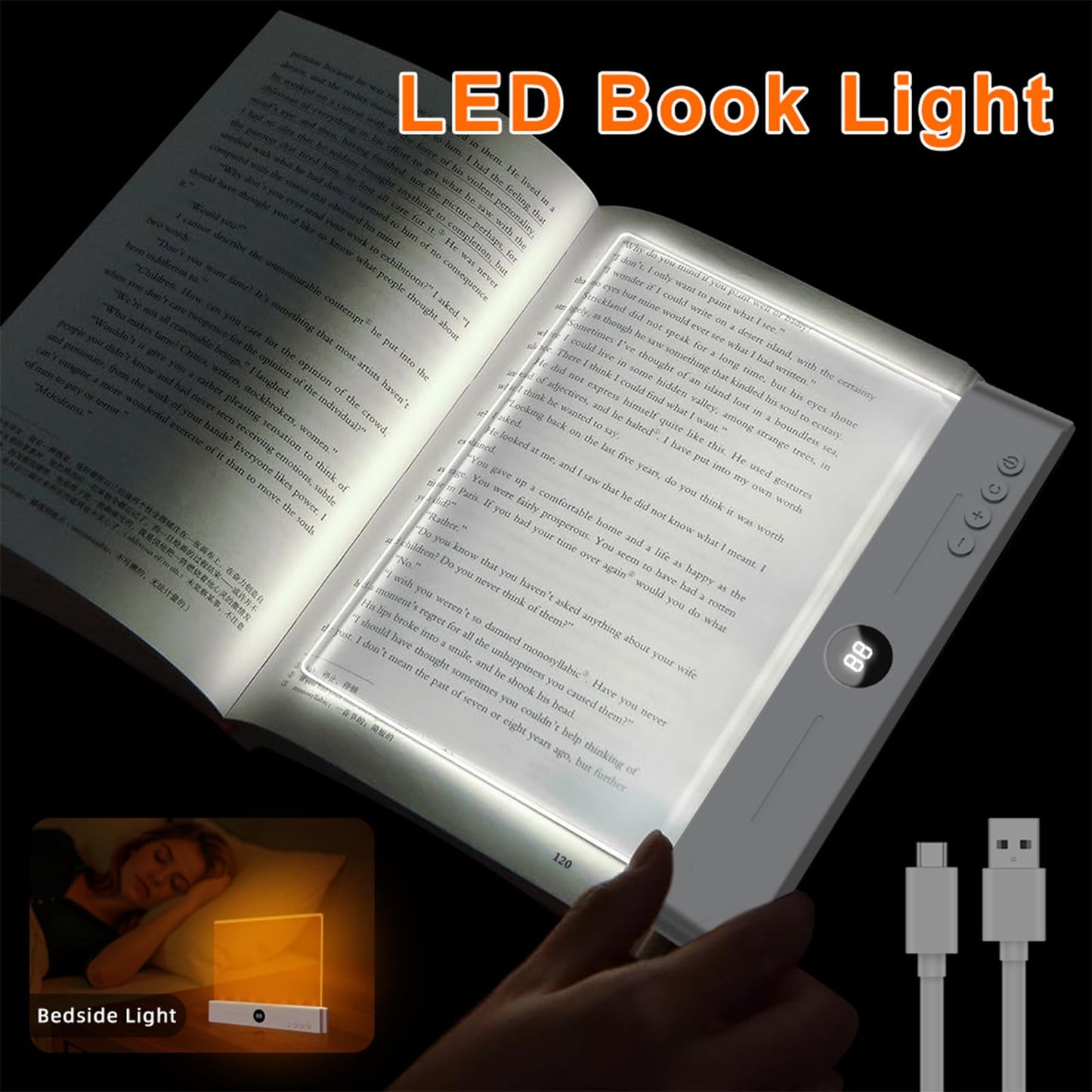 ECHBX Smart Flat Book Light, Rechargeable Clear LED Reading Light with 3 Colors & Timer, Dimmable Full Page Panel Plate Lamp, Kids Eye Protection for Night Reading in Bed