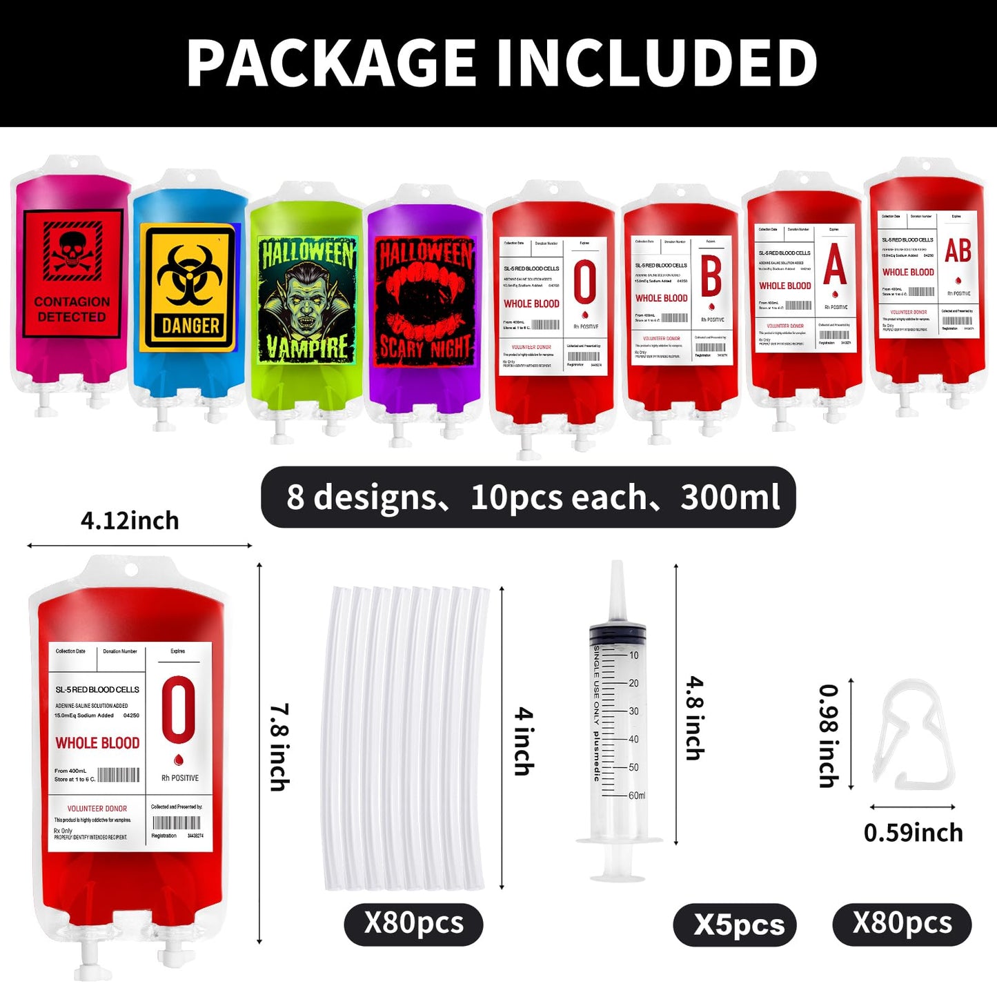 MGparty 80 Pack Halloween Blood Bag Props, Refillable Pouches with Straws and Filling Tools, Spooky Accessories for Zombie Vampire Theme Party Supplies