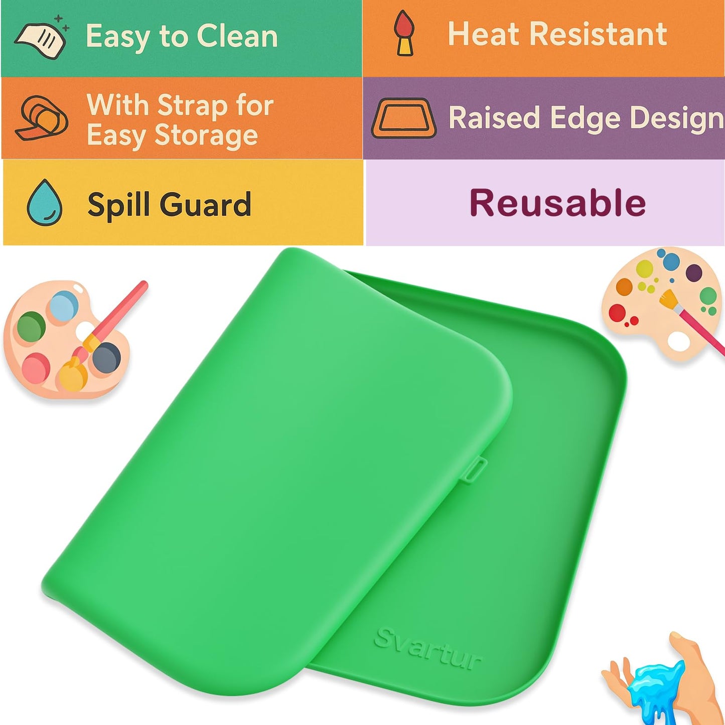 Silicone Craft Mat 24" x 16" with Raised Edge, Roll-Up Design with Storage Strap, Multi-Purpose Desk & Table Protector Silicone Art Mat for Crafts, Painting & DIY, Green