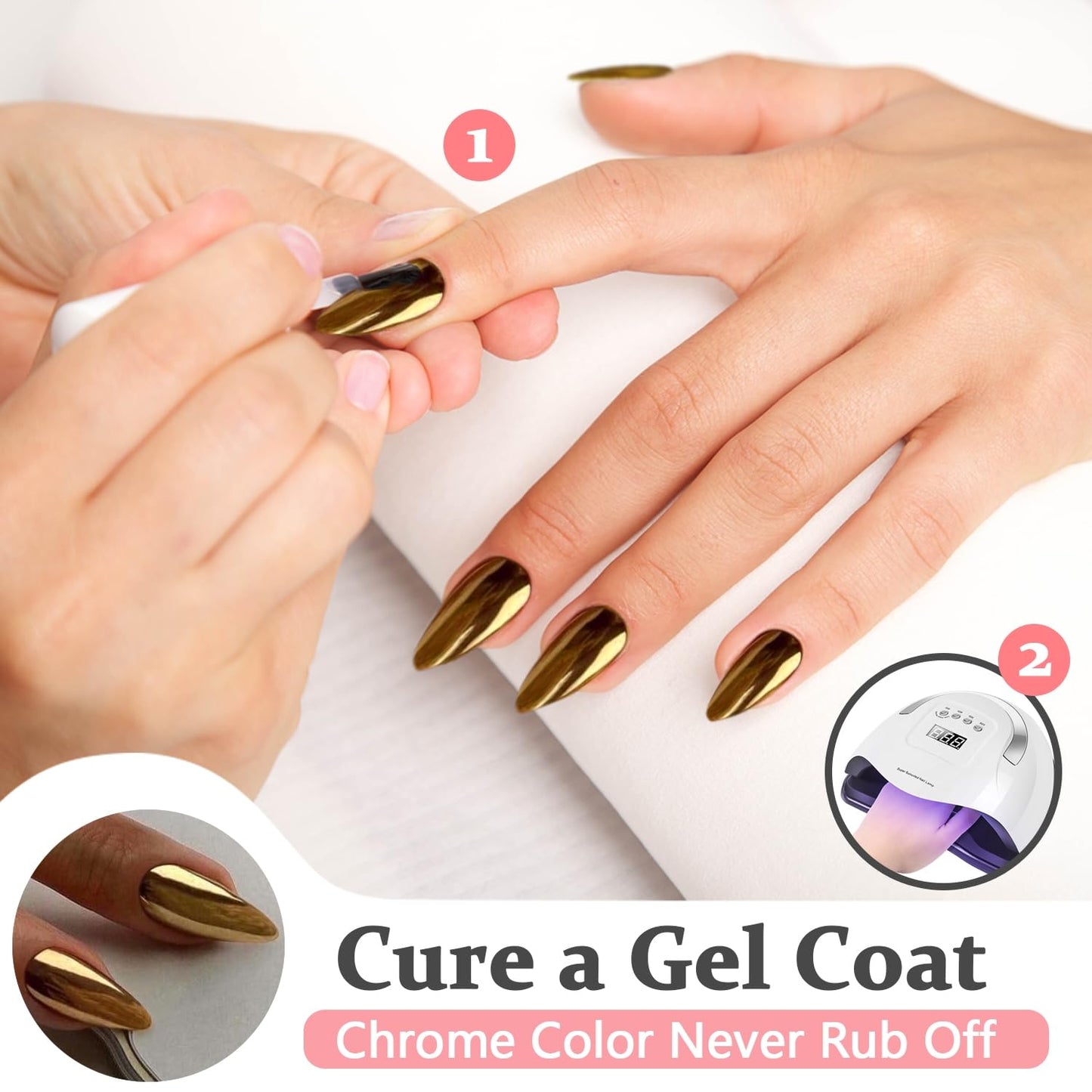Chrome Gold Press on Nails Medium Almond, KQueenest Mirror Metal Stiletto Fake Acrylic Nails with Bling Design, Cute Medium Glue on Nails for Prom Party Wear, Glazed False Nails Press ons in 24 Pcs