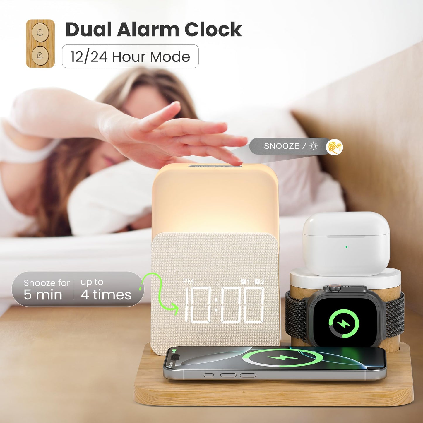 Alarm Clock Charging Station for Bedrooms, 7 in 1 Wireless Charging Station, Magnetic Charger with Night Light Bedside Clock for iPhone 17 16 15 14 13 12 Pro Max, Apple Watch, AirPods (Wood)