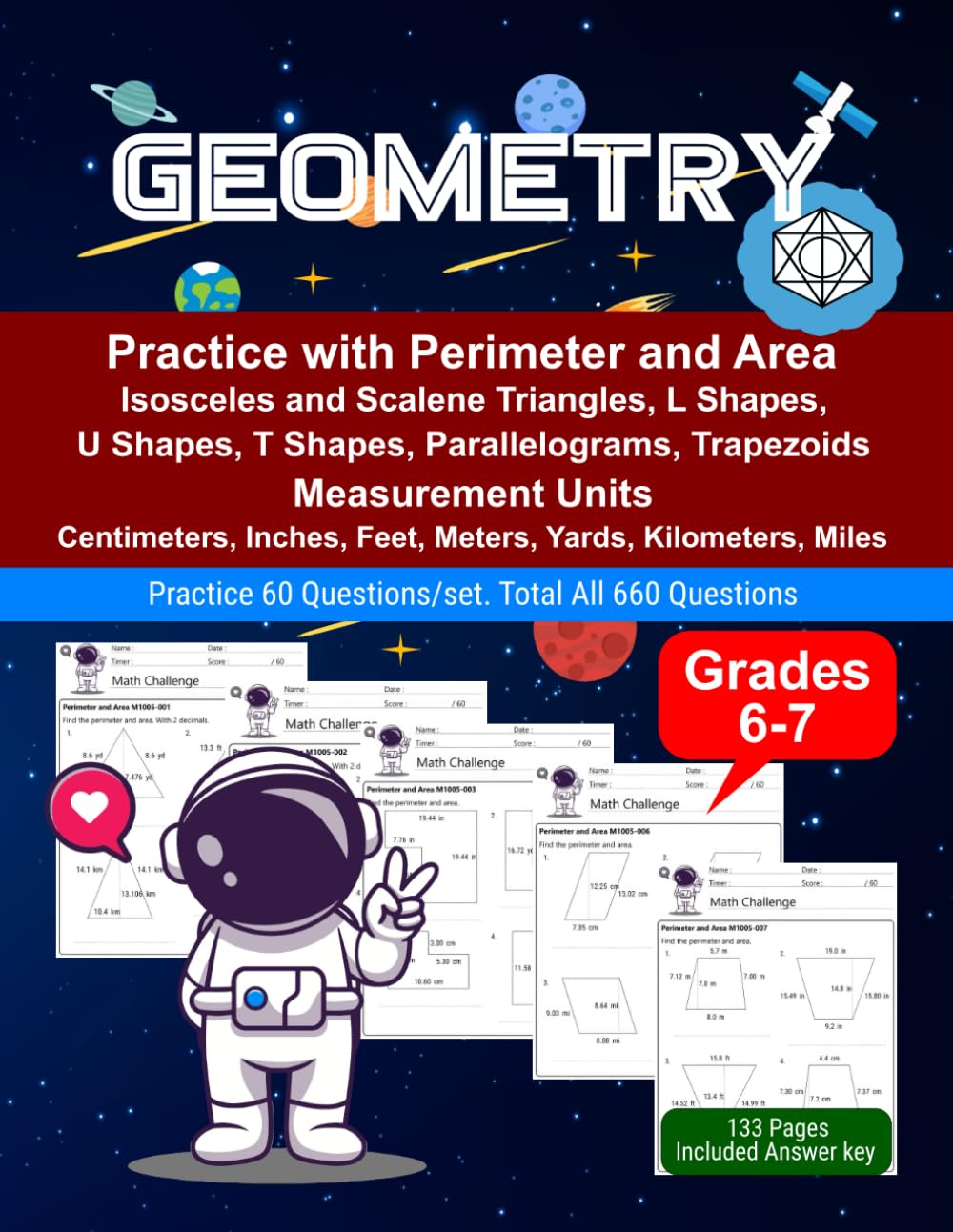 Geometry: Math Drill, Practice Book, Workbook, Triangles, Shapes, Perimeter, Area, Grades 6-7, Ages 11-13