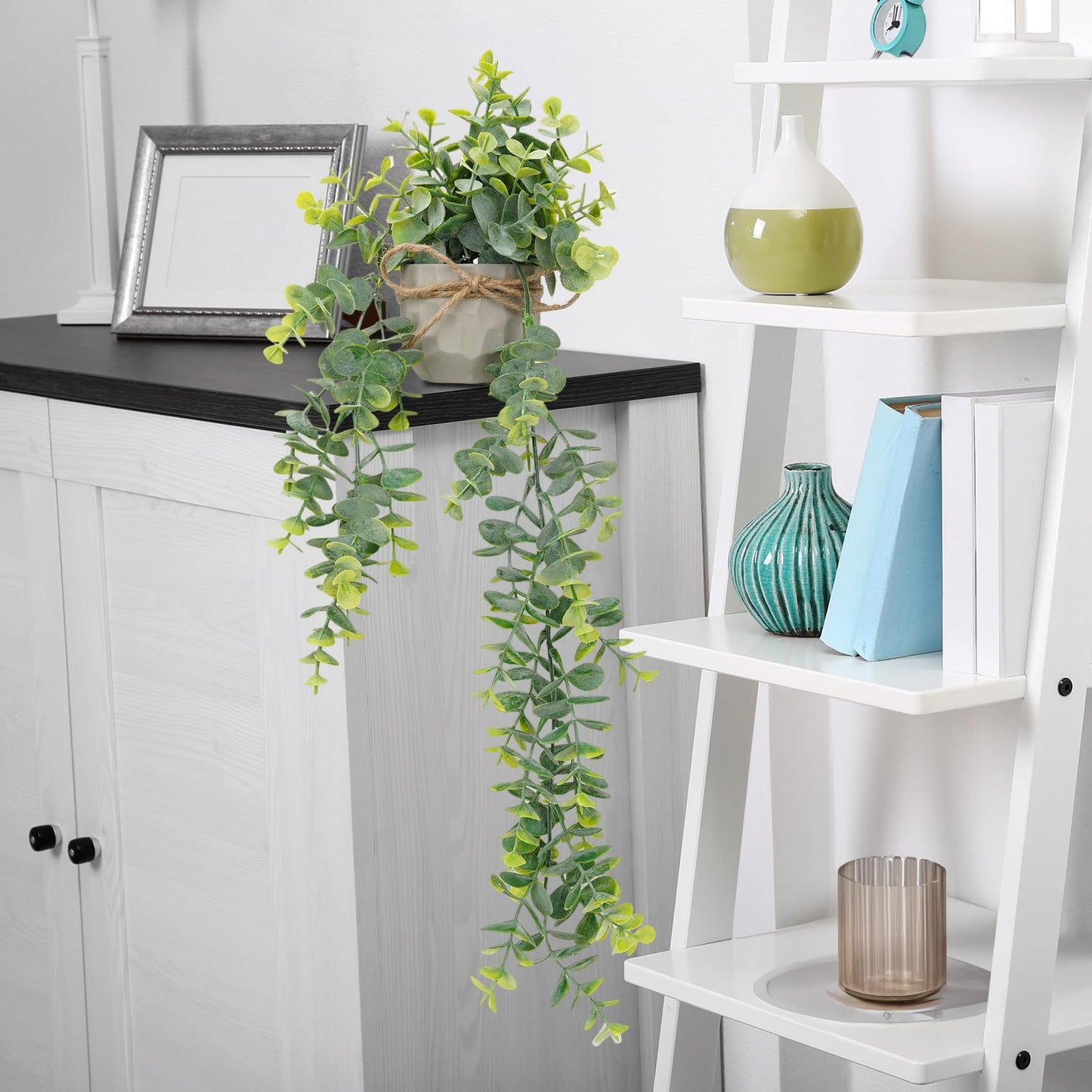 HOFMEFY Artificial Hanging Faux Eucalyptus Plants in Small Gray Geometry Cement Pots with Lanyard for Greenery Wall Shelve Decor (2PCS,Green)