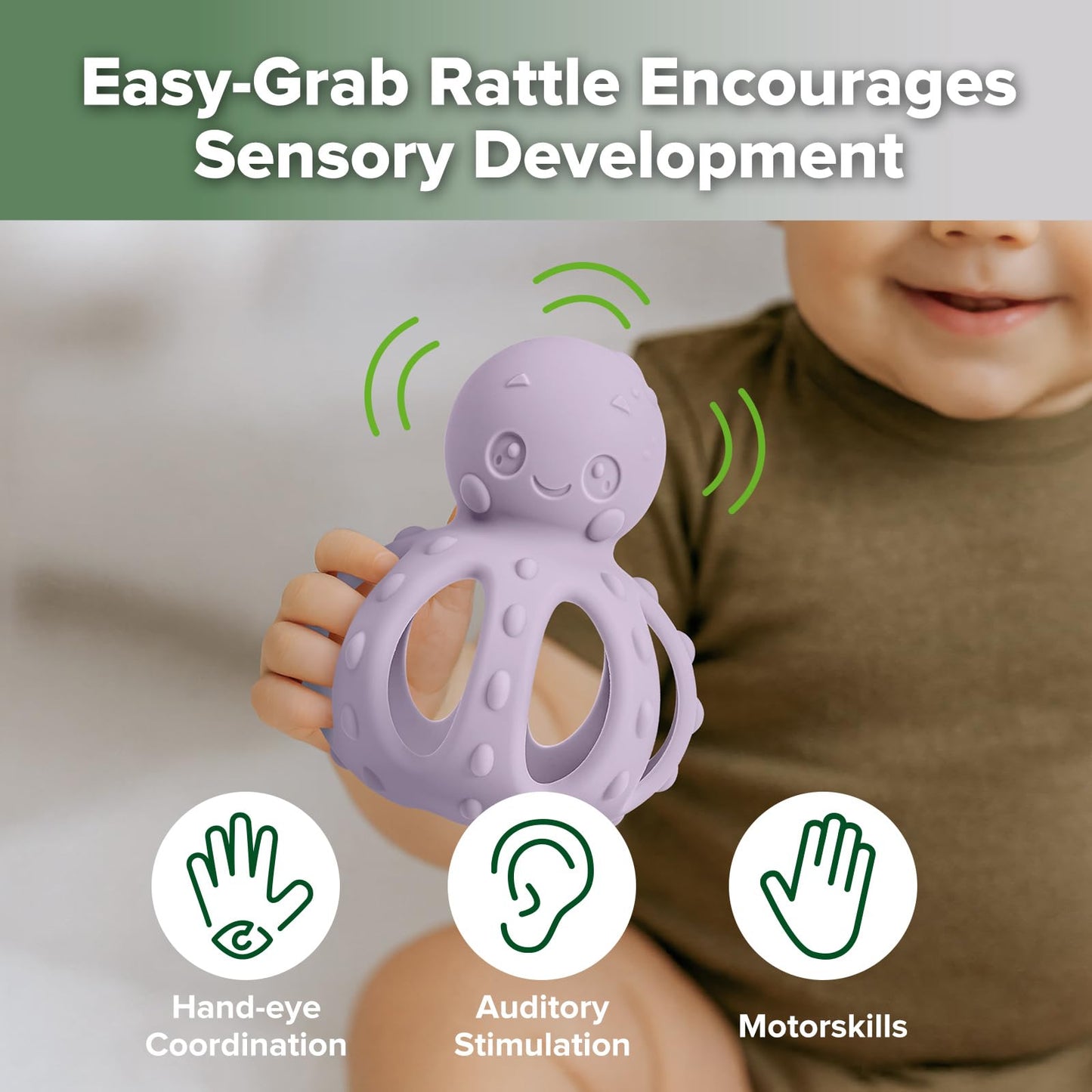 haakaa Octopus Rattle Teether,2-in-1 Baby Teething Toy with Gentle Rattle,Soft Textured Teether for Sore Gums,Easy to Grasp Sensory Toy for Babies 3M+,Lavender