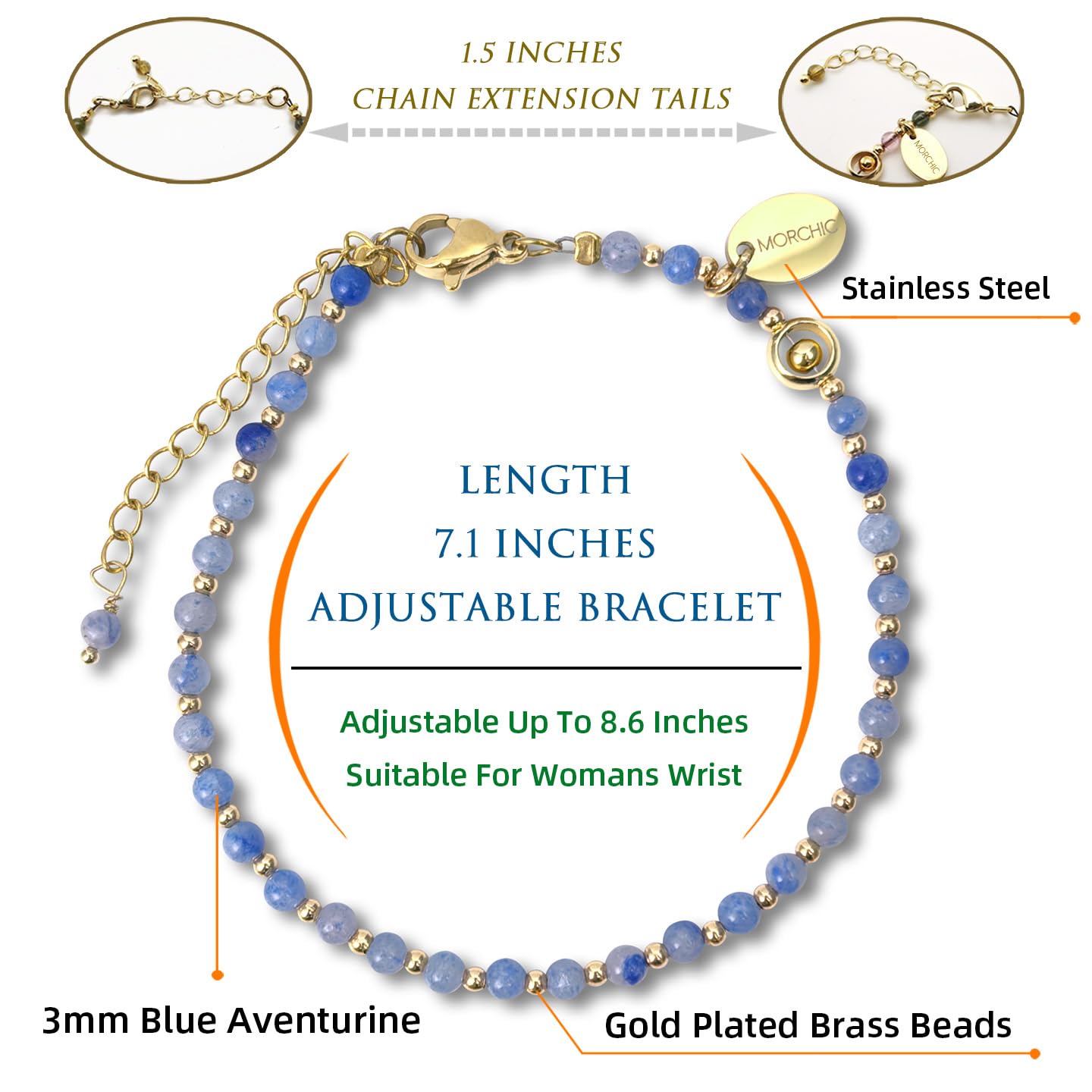 Morchic 3mm Blue Aventurine Natural Gemstone Beaded Bracelet for Women, Dainty Tiny Charm Jewelry, Adjustable 7.1-8.6", Ideal Birthday Holiday Gift