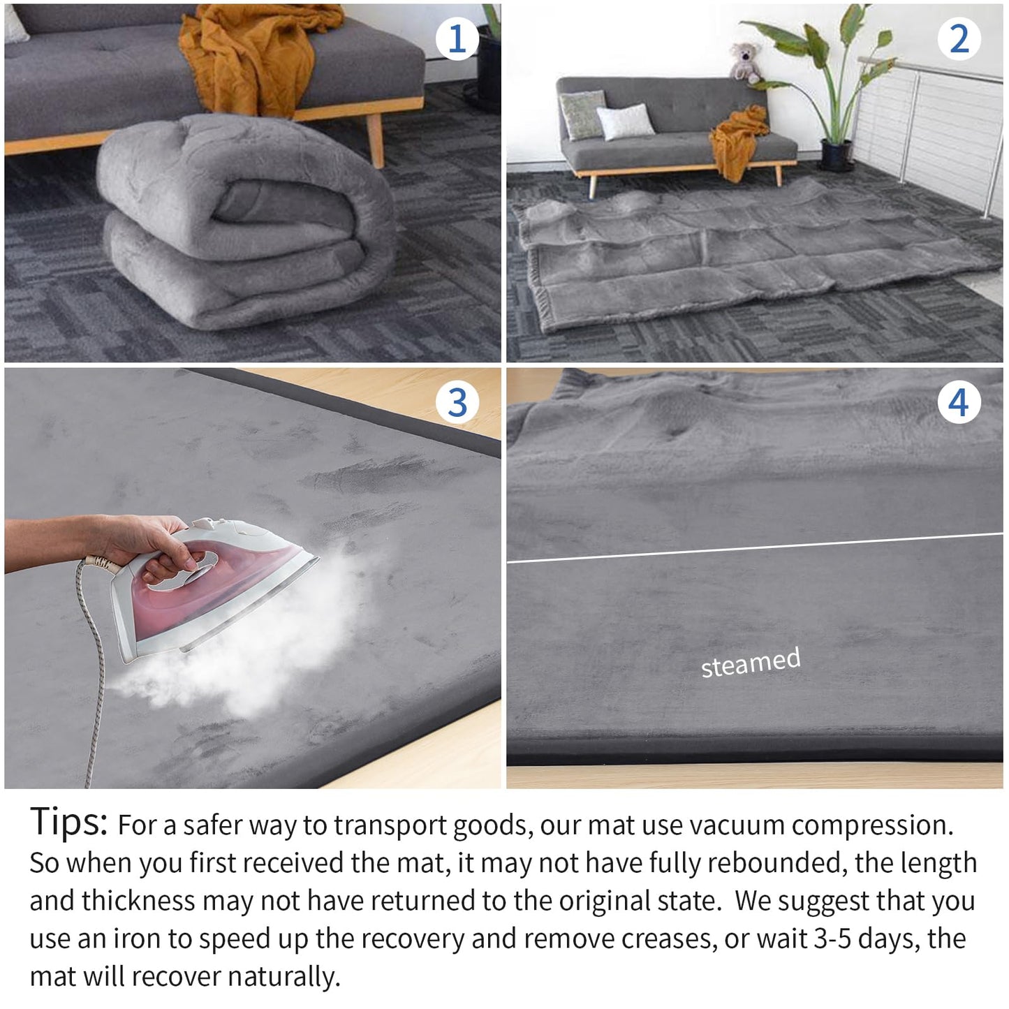 Huloo Sleep Baby Play Mat for Floor,1.3" Thick Memory foam Tummy Time Mat,Soft Coral Velvet Nursery Rug,Extra Large Non Slip Crawling Mats for Living Room(Dark Gray)