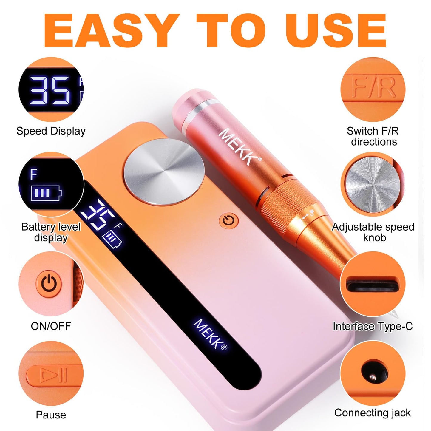 MEKK Nail Drill Kit,35000RPM Electric Nail Drill Professional Electric Nail File with 12PCS Bits,Anti-Shaking Cordless E Filer for Nails with LCD Display,Home & Salon (Orange-Pink)