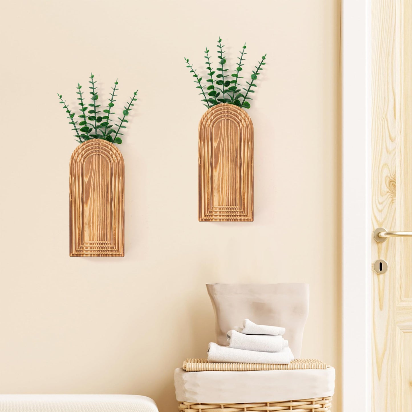 2 Pcs Wooden Wall Vase Set for Decor with 10pcs Artificial Eucalyptus Plants-Boho Hanging Planter Modern Farmhouse Wall Decor for Bathroom Living Room Dining Room Bedroom Kitchen