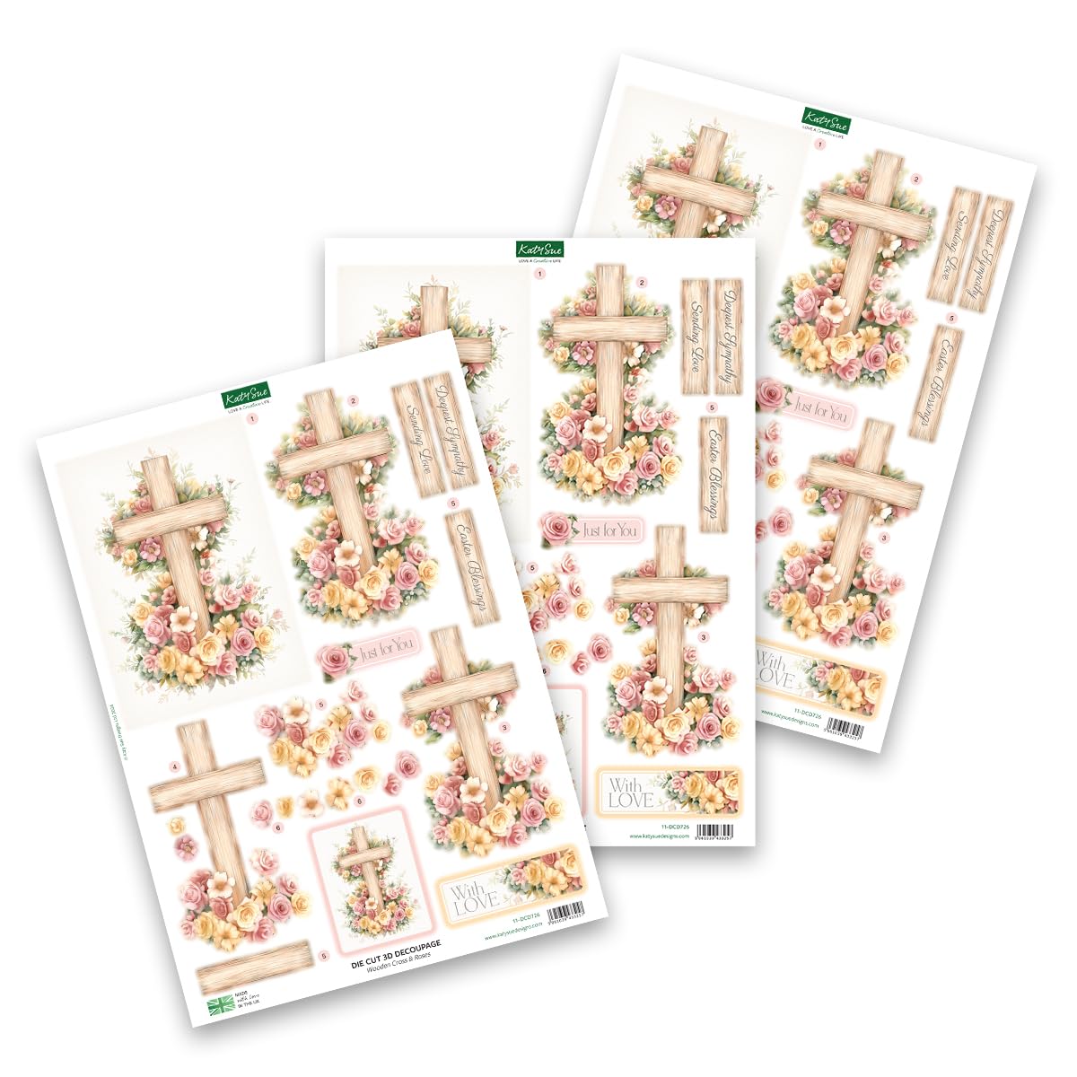 Katy Sue Easter Blessings Die-Cut Decoupage Sheets. A Pack of 12 Sheets of Die Cuts for Card Making Supplies, Craft Supplies & Scrapbooking with Crosses, Daffodils, Flowers, & Doves