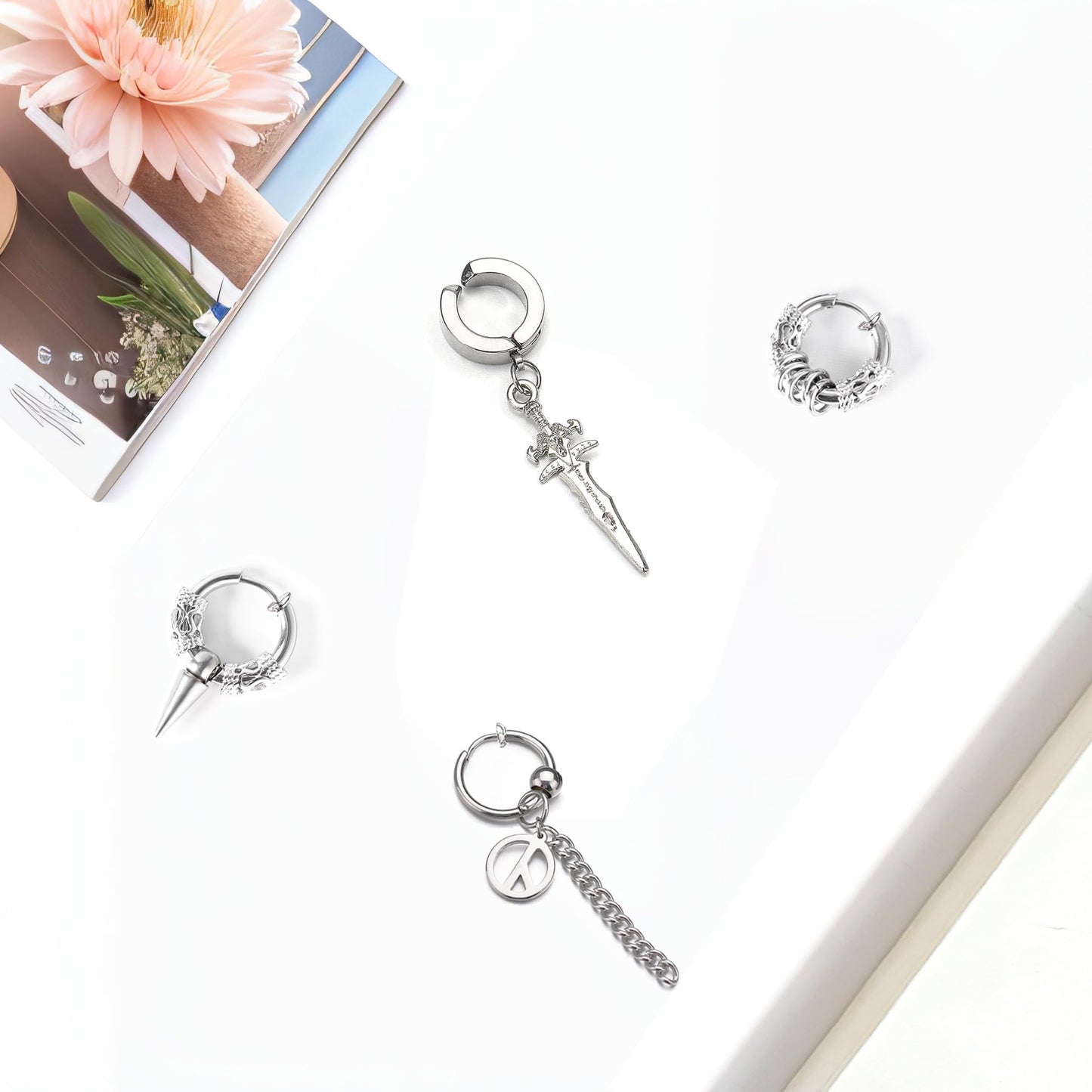 14 Pcs Silver Gothic Viking Non Pierced Cross Sword Spike Awl Peace Dangle Chain Clip on Hoop Earrings Set for Unisex Fake Piercing CZ Earrings