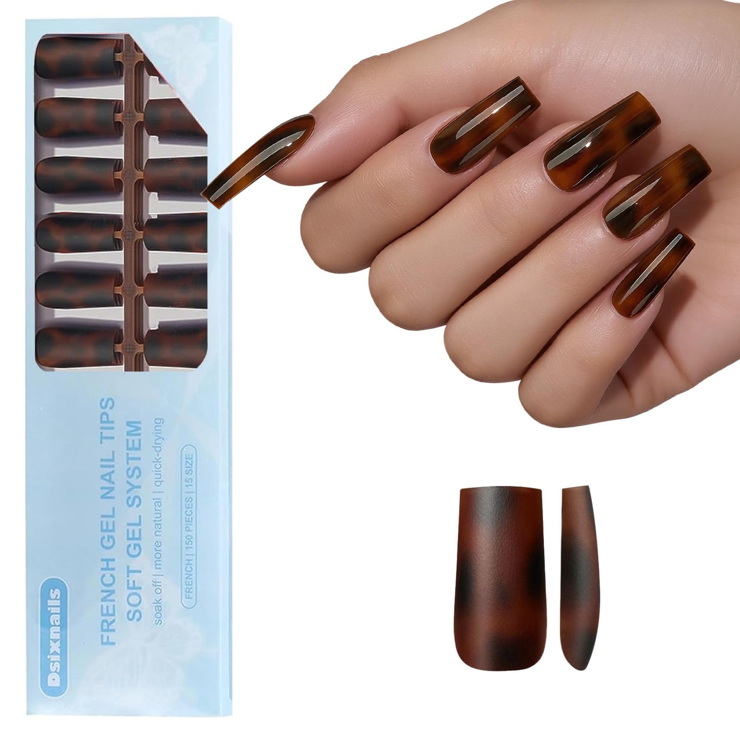 Dsixnails 150Pcs Tortoiseshell Long Square Press on Nails, Soft Gel Nail Tips 15Sizes, Long Lasting Reusable Fake Nails, Salon Quality Soak Off False Nail Tips for Women Girl Festival Gift