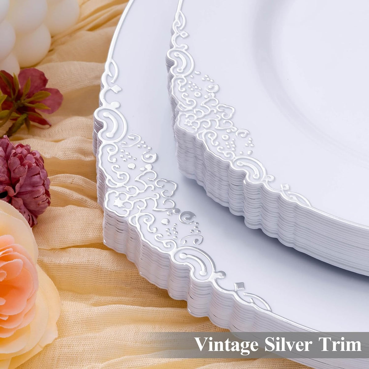 100 PCS White and Silver Disposable Plastic Plates for 50 Guests - 50 Dinner Plates, 50 Dessert Plates for Party, Wedding, and Graduation