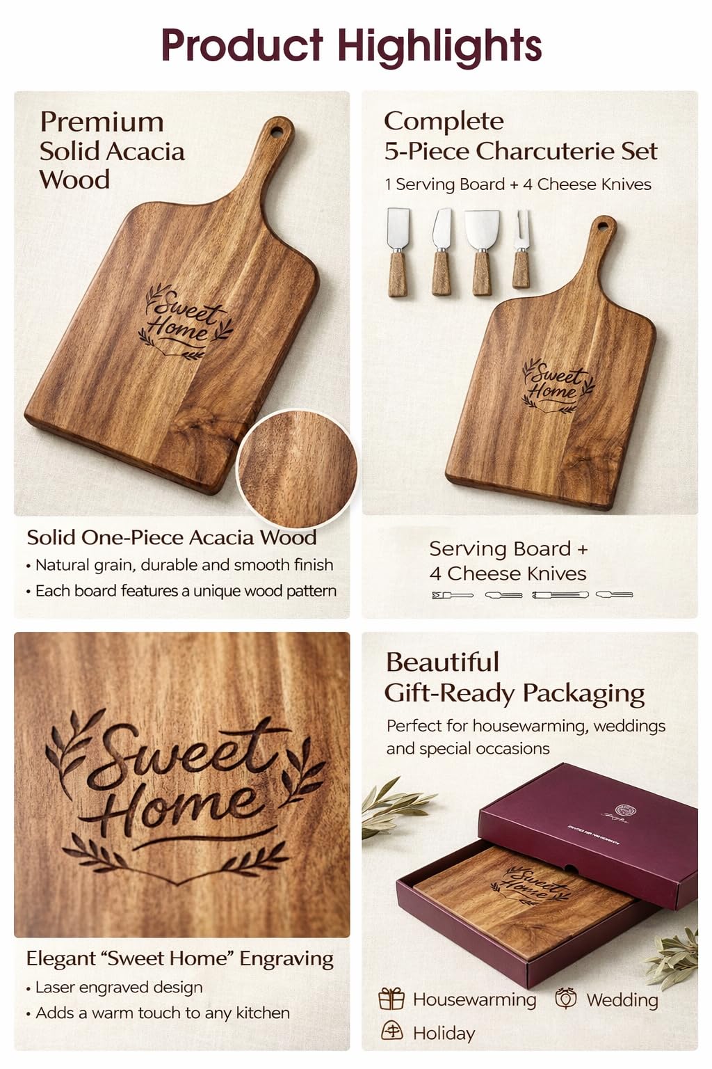 GleeNflux Charcuterie Board Set, 5-Piece Acacia Wood Cheese Board with 4 Cheese Knives, “Sweet Home” Engraved, Gift-Ready for Couples, Housewarming & Wedding