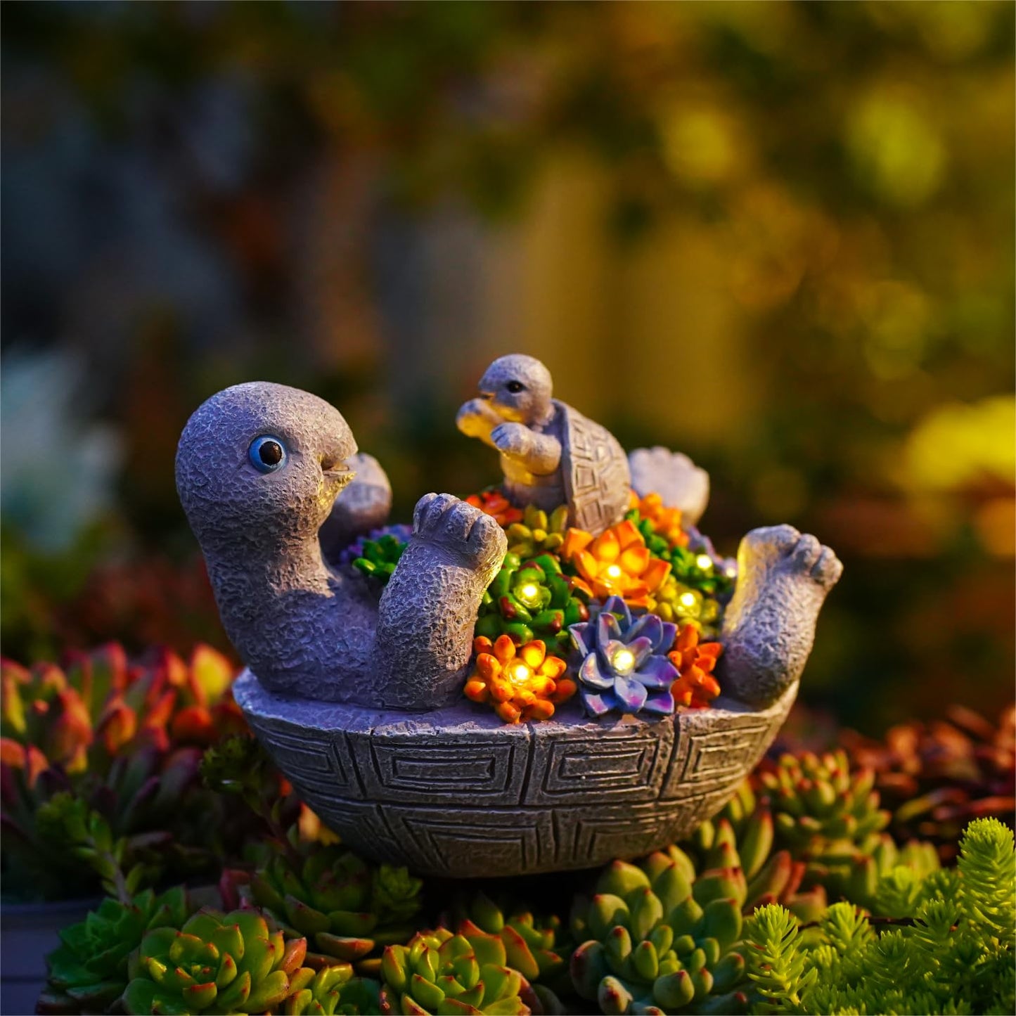Pohabery Solar Turtle Figurines Garden Decor, Cute Turtle Statue with Baby with 7 LED Solar Lights Garden Lawn Decorations for Patio & Yard, Gifts for Mom, Gery