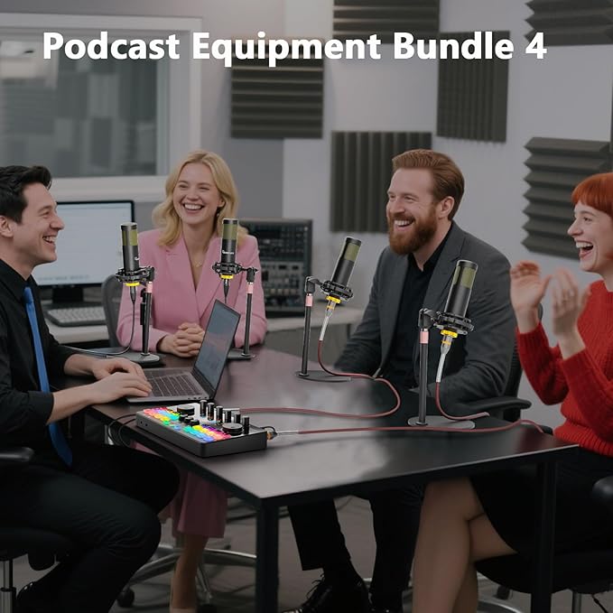 Podcast Equipment Bundle for 4, Audio Interface with 4 Dynamic Microphone, 4 Desktop Mic Stands, Voice Change, DJ Mixer for Vocal Recording Podcasting,Streaming,Singing TikTok, COMMANDER M100 3rd