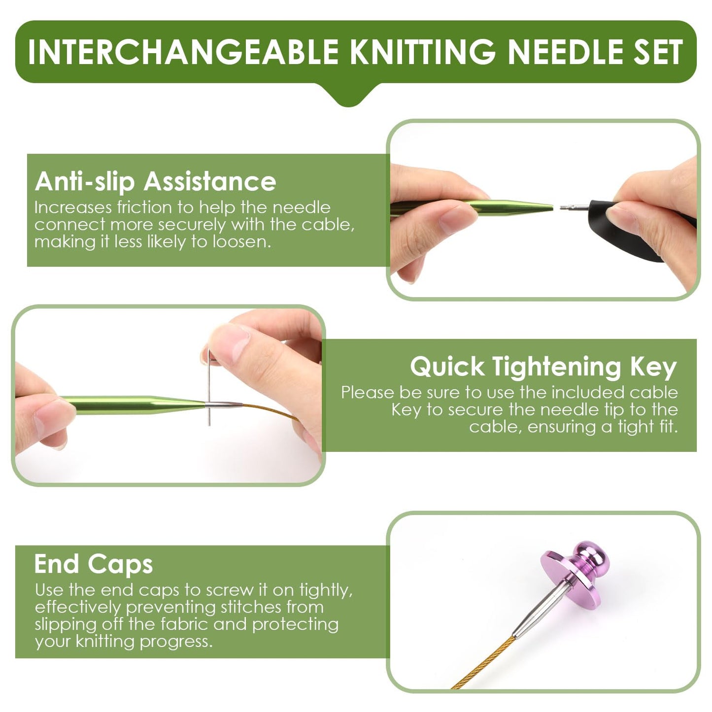 Interchangeable Circular Knitting Needles Set Premium Aluminum Knitting Kit 13 Pairs of 4 Inch with 4 Cables, Accessories and Storage Bag Green