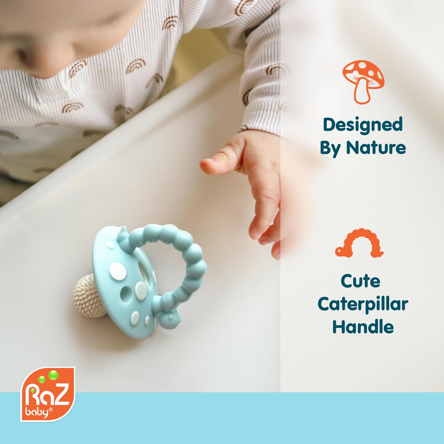 RaZbaby Soft Silicone Infant & Baby 3M+ Teether Toy Massaging Bristles Teething Relief Pacifier - Soothes Sore Gums - Hands-Free & Easy-to-Hold Chompy Teether, BPA Free (RED/Green)