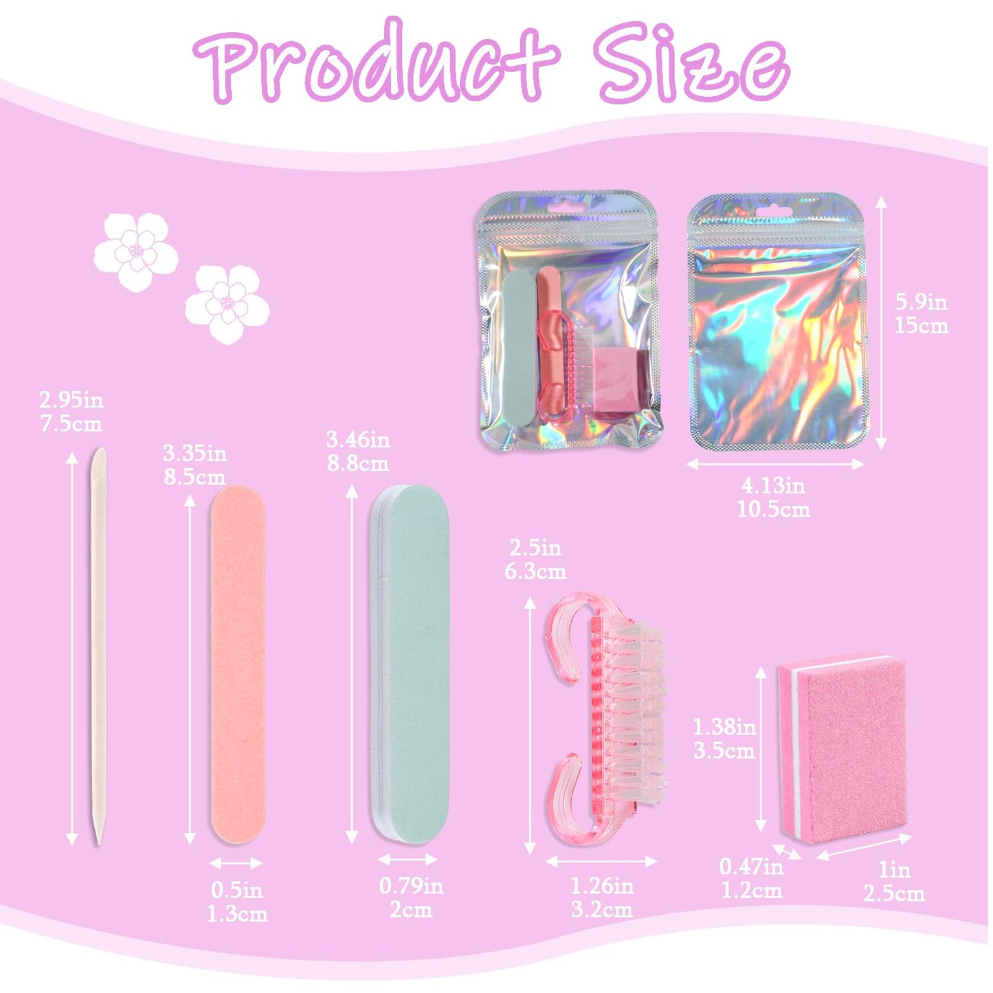 Disposable Manicure Kit Professional, 50 Set Press On Nail Tool Kit with Nail File, Nail Buffer, Nail Buffer Block, Nail Handle Brush, Wood Stick, Packaging Bag (Pink-50pcs)