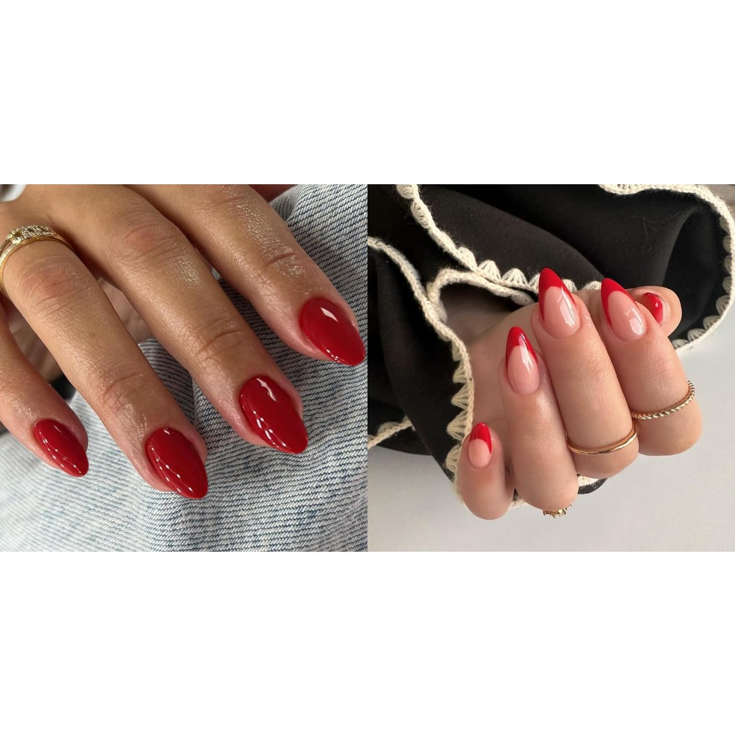 KQueenest Red Press on Nails Short Oval&Red French Press on Nails Medium Almond For Beach Party Daily Decoration in 54 PCS