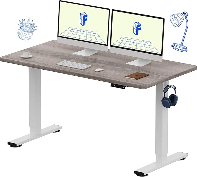 FLEXISPOT EN1 One-Piece Standing Desk 55 x 28 Inches Stand Up Desk Workstation Home Office Computer (White Frame + Gray Wood Top, 2 Packages)