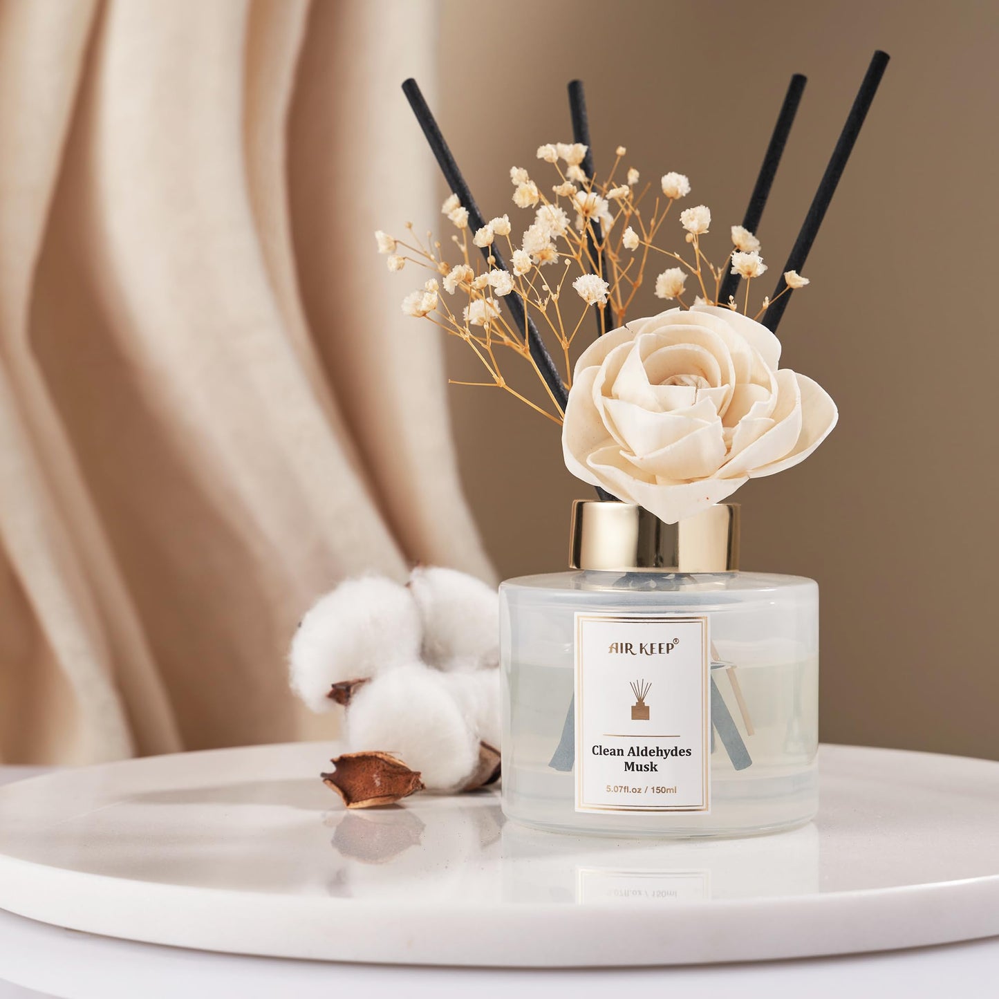 Airkeep Flower Reed Diffusers Set, 5.07 oz Clean Aldehydes Musk Scented Oil Diffuser with 8 Reed Sticks, Home Fragrance Diffuser Gift Set for Bathroom & Office Decor 150ml