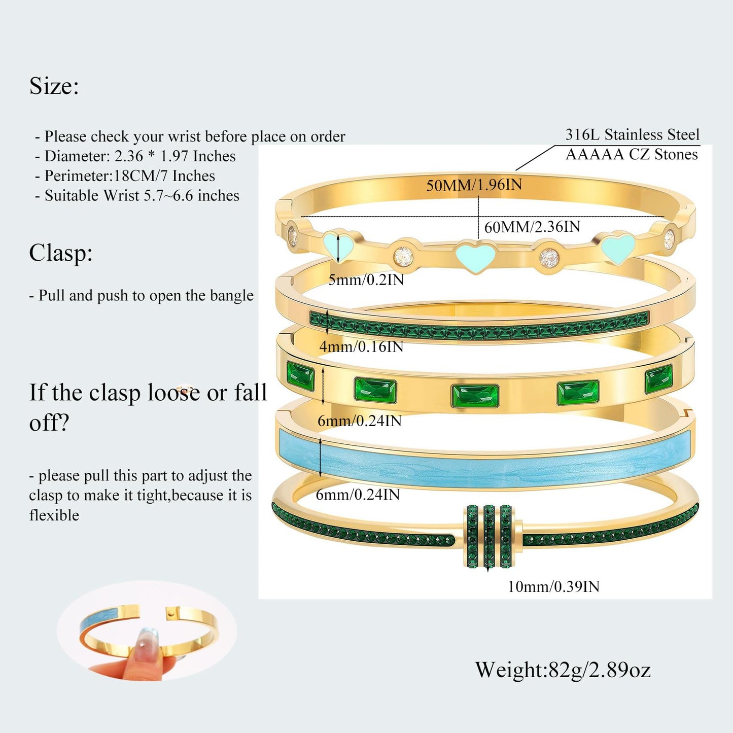 Camhanno 18K Gold Plated Stainless Steel 5-Piece Gold Bangle Bracelet Set for Women - Pink Crystal Friendship & Love Heart Design, Stackable Bangles Jewelry - Ideal Birthday Gift for Women (Green)
