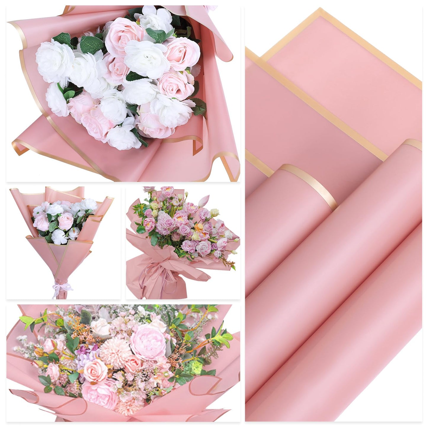 Whaline 30 Sheets Floral Wrapping Paper Folded Flat Pink Flower Bouquet Wrap Paper with Rose Gold Edge Waterproof Double Sided Florist Packaging Paper for Wedding Birthday