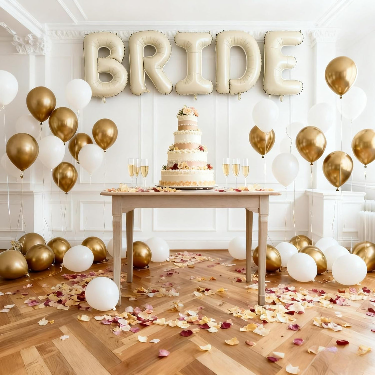 40Inch BRIDE Balloons- Metallic Gold Pearl White Balloons with Large Cream White BRIDE Foil Banner Letter Sign for Wedding Bridal Shower Engagement Bachelorette Party Decorations