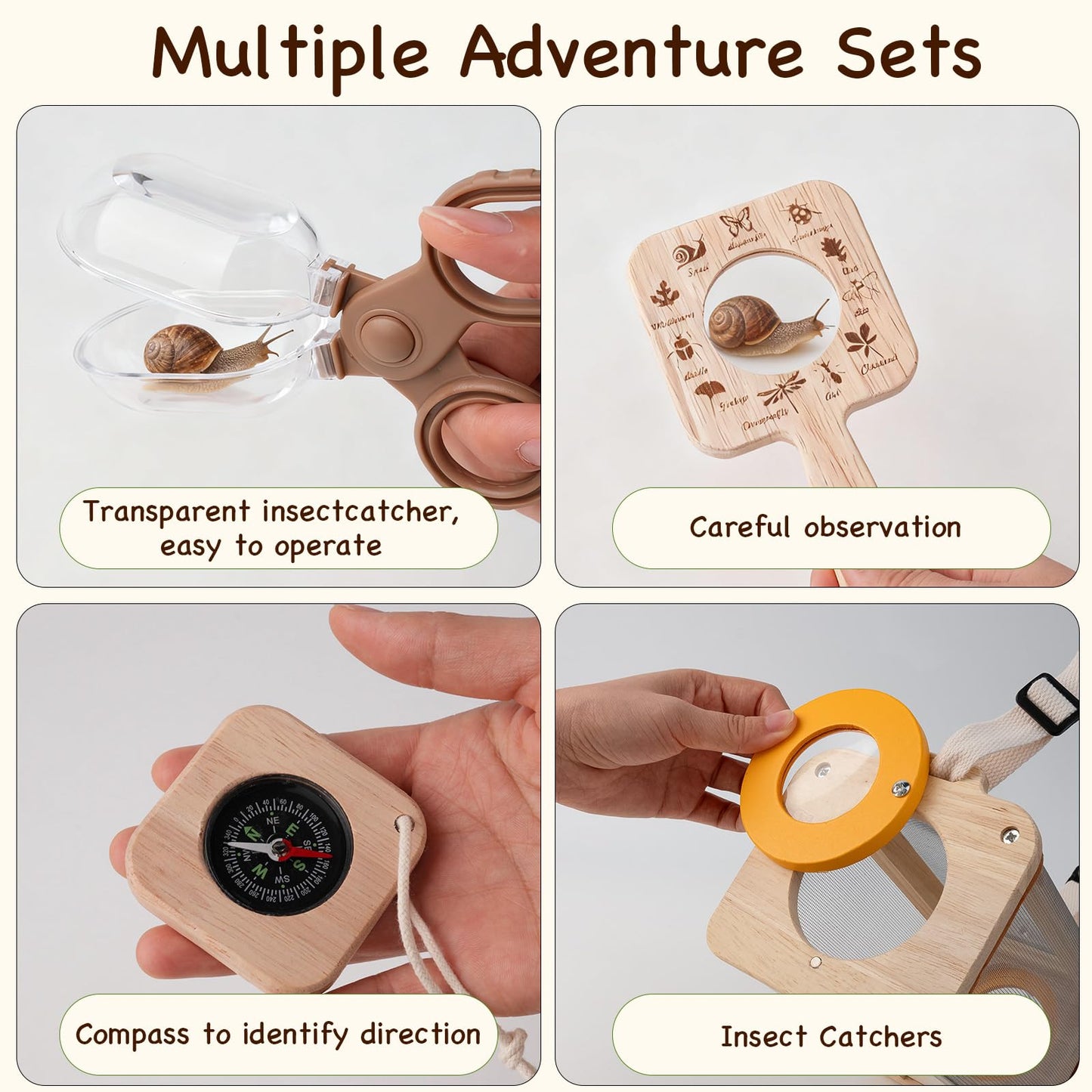 Wooden Bug Catcher Kit for Kids 3-8, 10PCS Outdoor Explorer Set with Bug House, Butterfly Net, Magnifier & Tools, Catch & Release STEM Nature Kit, Non-Plastic Educational Gift for Boys & Girls