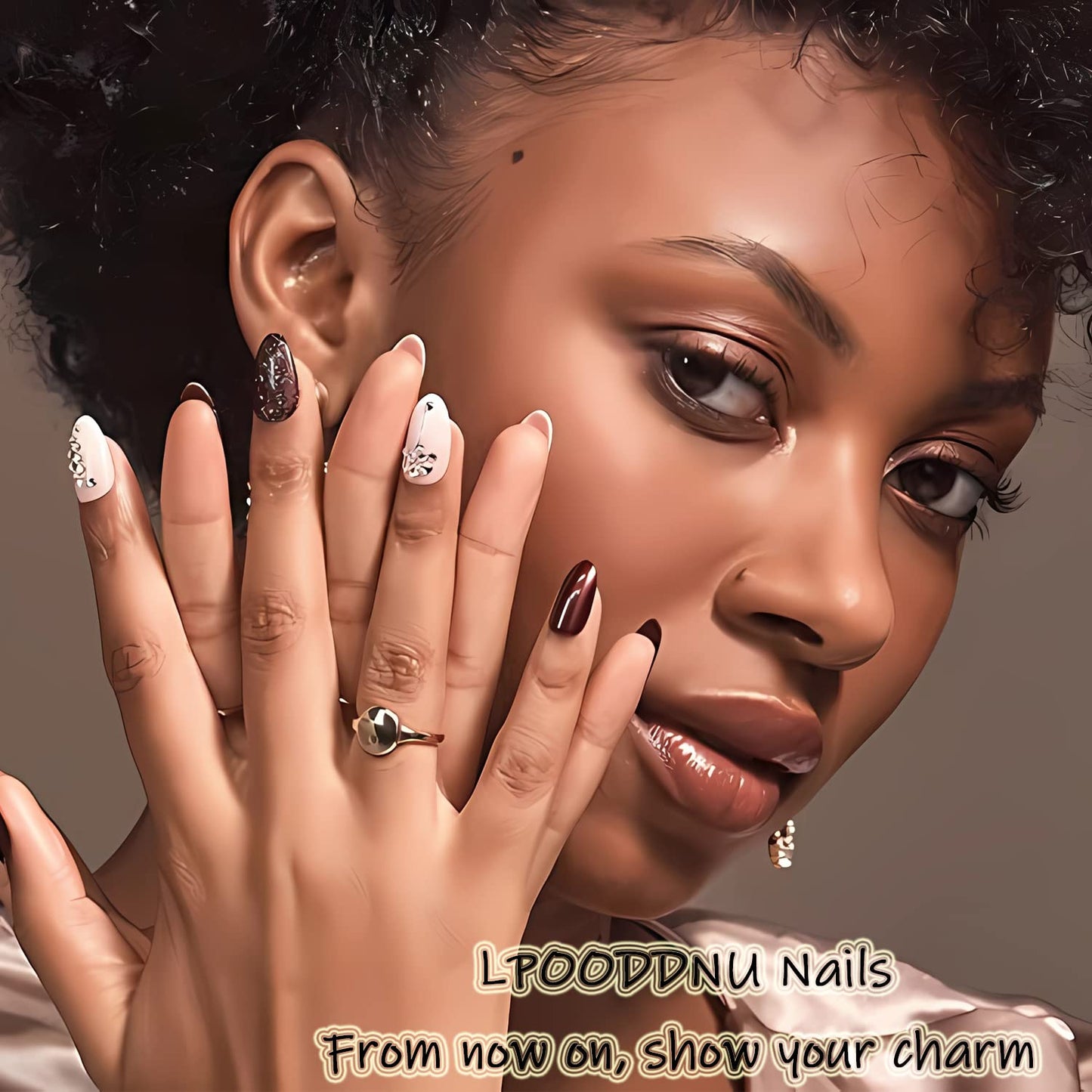 LPOODDNU 3D Almond Press on Nails - White French Tip Medium Fake Nails with Flower Pearl Star Designs, Glossy Finished Reusable False Nails with Adhesive Glue Tabs - 24Pcs Nail Kit for Women Manicure