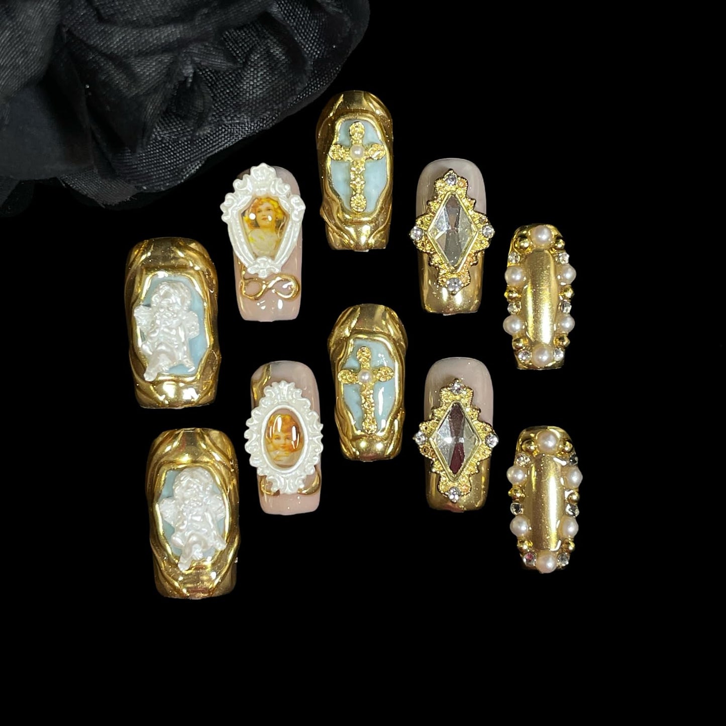 Handmade Press On Nails Luxury Baroque Gold Cross, Cherubs & Pearl Frames | Medium/Short Square | Reusable Thick Acrylic False Nails (Baroque, M)