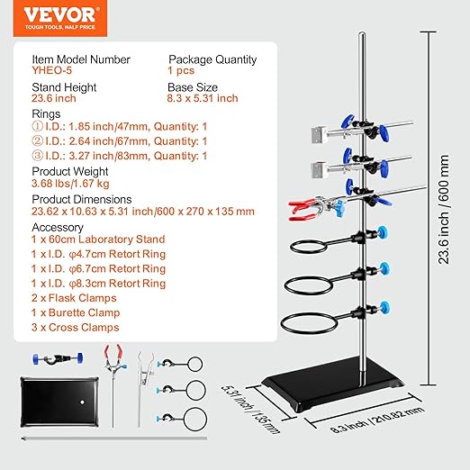 VEVOR Lab Stand Support, Laboratory Retort Support Stand Set, Steel Lab Stand 23.6" Rod and 8.3" x 5.7" Cast Iron Base, Includes Flask Clamps, a Burette Clamp and Cross Clamps