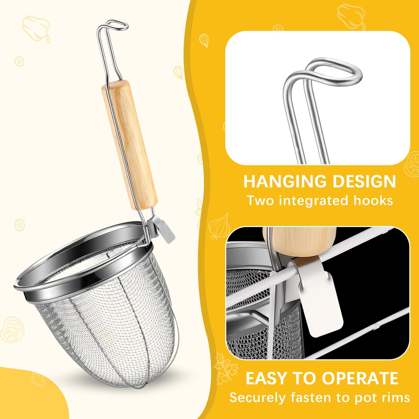 Patelai 4 Pcs Pasta Strainer Basket 5.5"x5.5" Stainless Steel Noodle Strainer with Wood Handle Kitchen Round Base Mesh Spider Basket Skimmer Food for Pasta, Ramen, Dumplings, and Deep-fried Foods