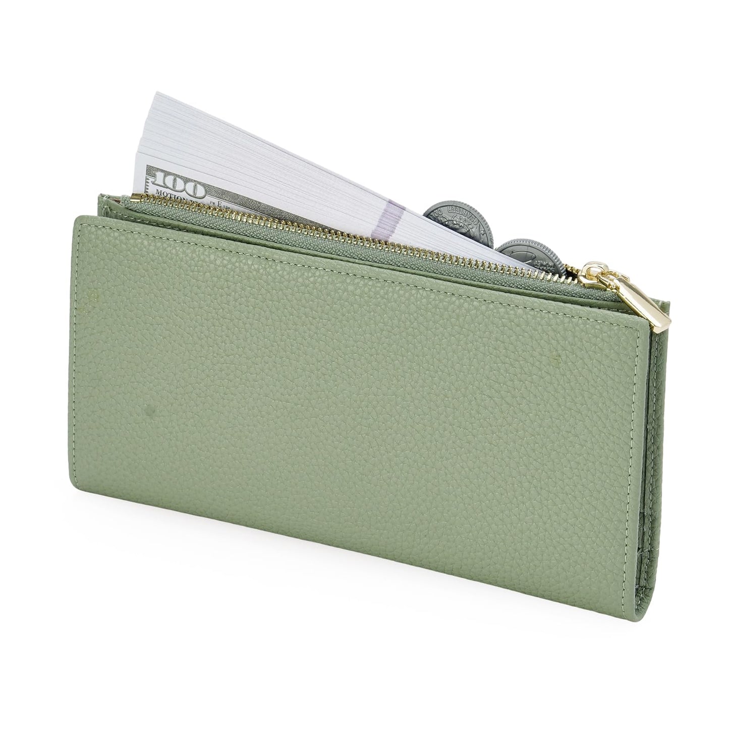 GOIACII Slim Wallet for Women Rfid Blocking Credit Card Holder with Zip Pocket Bifold Vegan Pebble Leather Green