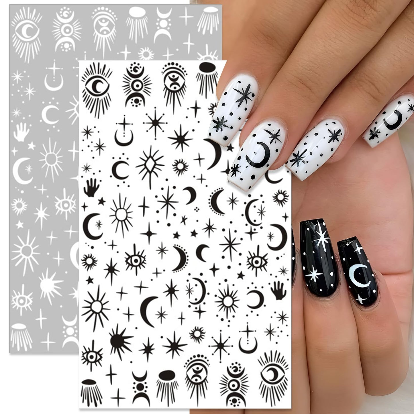 IDDFEVE Gothic Nail Art Stickers - Black & White Moon Star Snake Fire Self-Adhesive 3D Nail Decals for DIY Halloween Punk Manicure (6 Sheets)