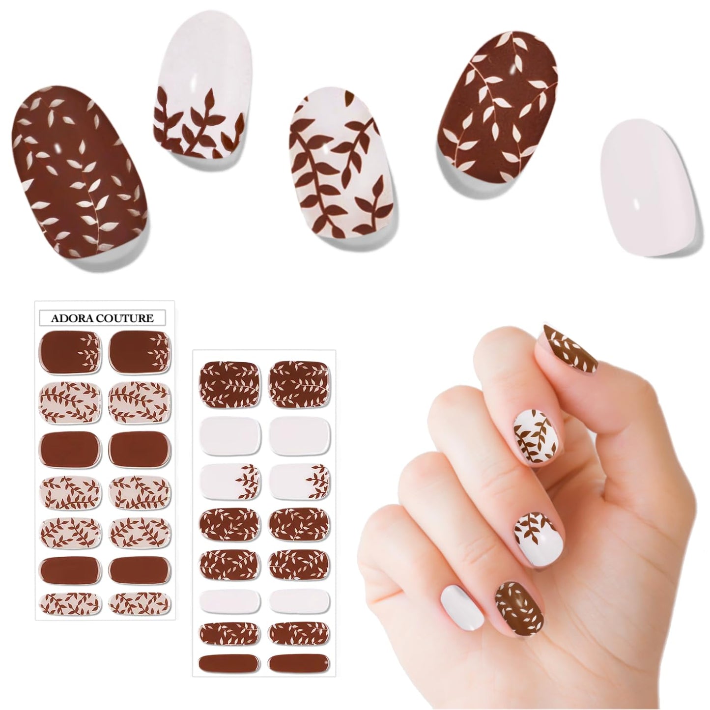 Adora Couture Semi Cured Gel Nail Strips with 30 Pieces - Salon Quality Manicure Kit for Women Easy Application Wraps Includes Prep Pads Nail File Wooden Stick, UV Light Required (Brown Mocha)
