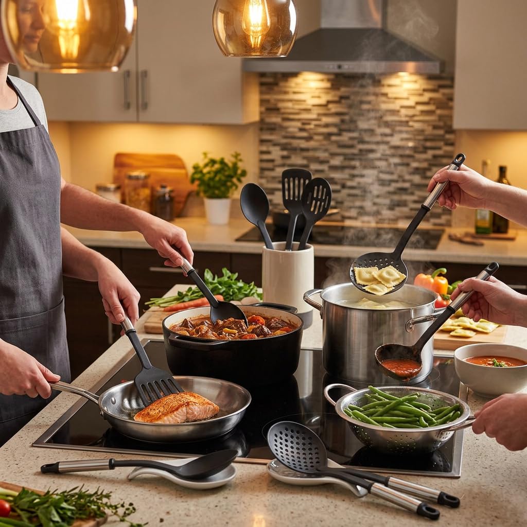 Farberware Classic Kitchen Tool Set, 5-Piece Nylon Cooking Utensils with Stainless Steel Handles for Nonstick Cookware - Kitchen Gadgets with Hanging Loops, Dishwasher Safe Useful Cooking Accessories