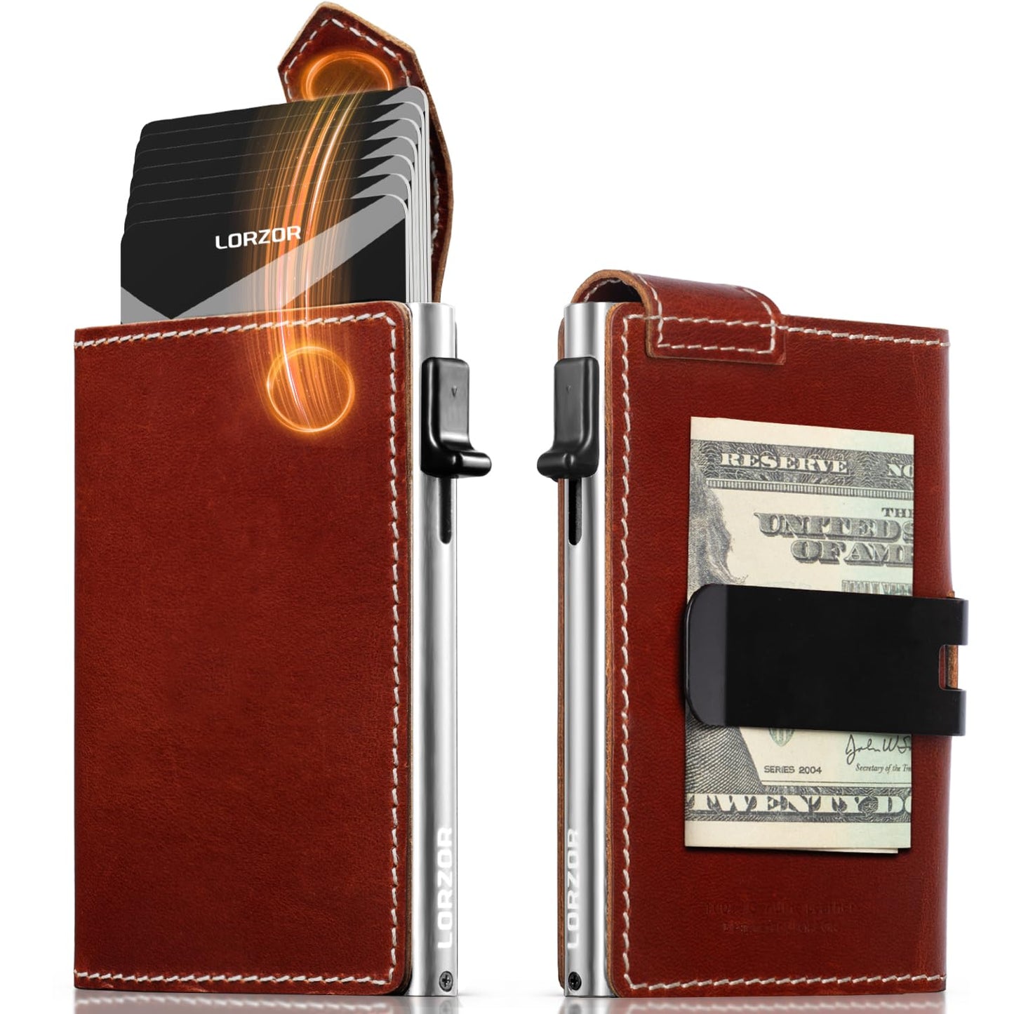 LORZOR Slim Wallet for Men with Security Latch, Pop Up Metal Card Holder Wallet, Finest Full Grain Leather Bifold Wallets, Smart, Minimalist, RFID Blocking, Front Pocket, ID Window