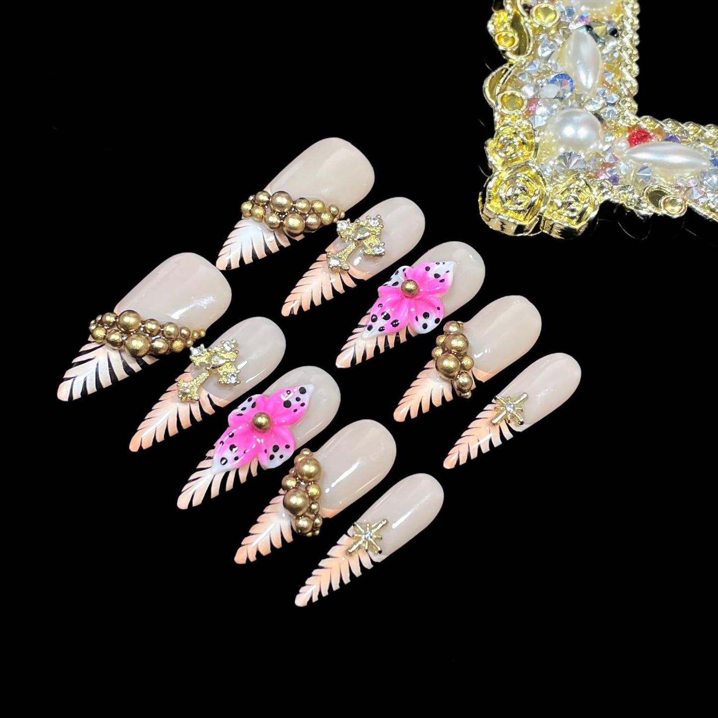 Luxury Handmade Press On Nails, Nude Pink Stiletto Tips with Gold Chains, 3D Flowers, Tiger Stripes, Reusable Acrylic False Nails (Tiger Luxe, L)