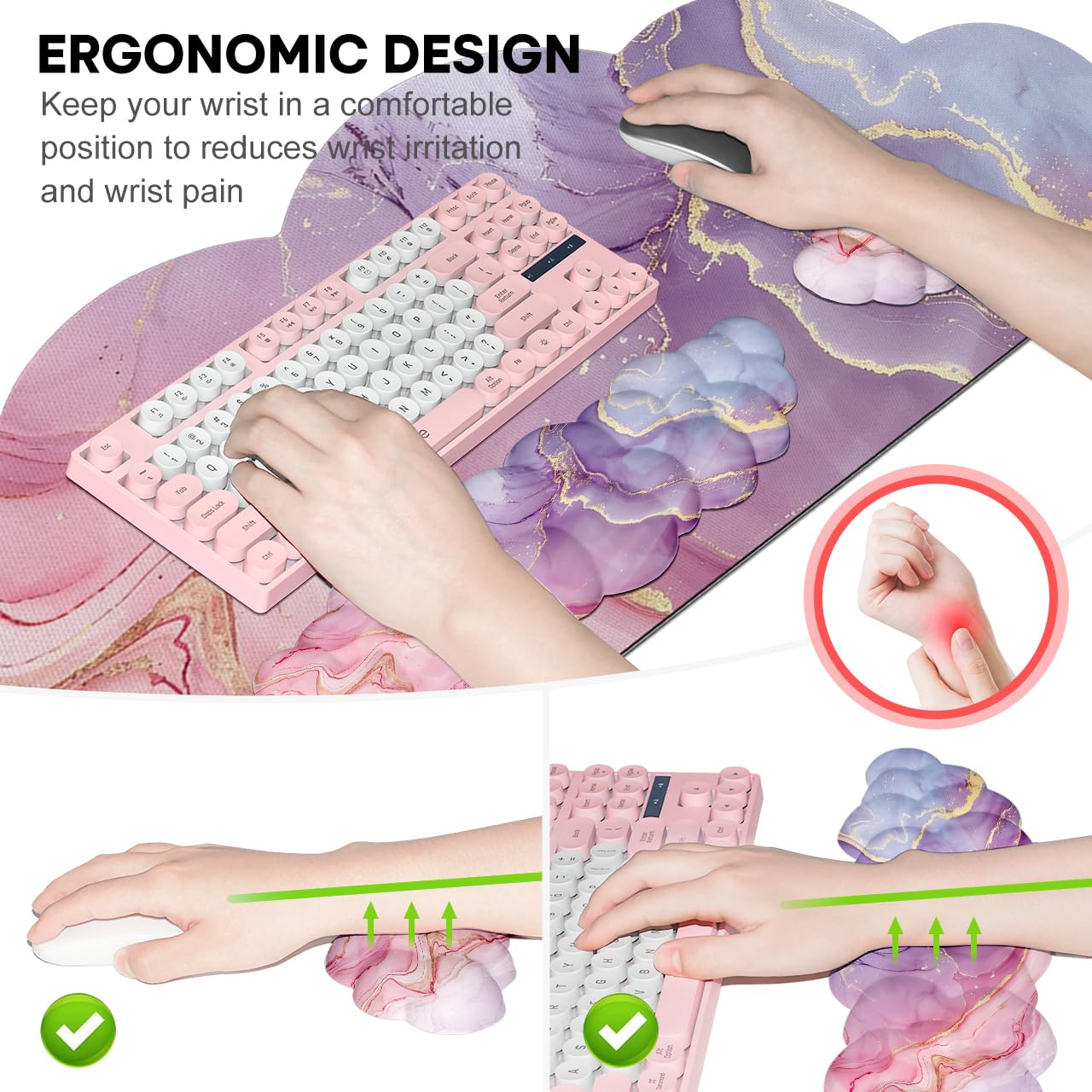 JIKIOU Large Cloud Mouse Pad Waterproof with Cloud Keyboard Wrist Pad and Cloud Mouse Wrist Pad Set, Ergonomic Computer Desk Wrist Support Mousepad for Keyboard and Mouse 35.4x15.7in Marble Pink