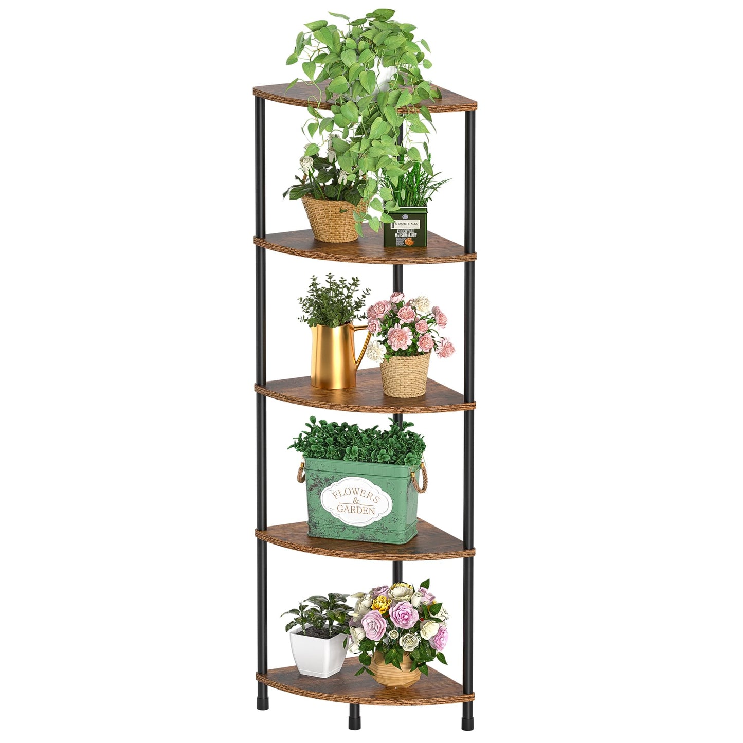 Greatseas Corner Plant Stand Shelf, 5 Tier Tall Shelf Plant Stand for Indoor Plants, Rustic Brown Corner Bookshelf Wall Decor Living Room, 44.1" Display Shelf for Bedroom, Bathroom, Small Space