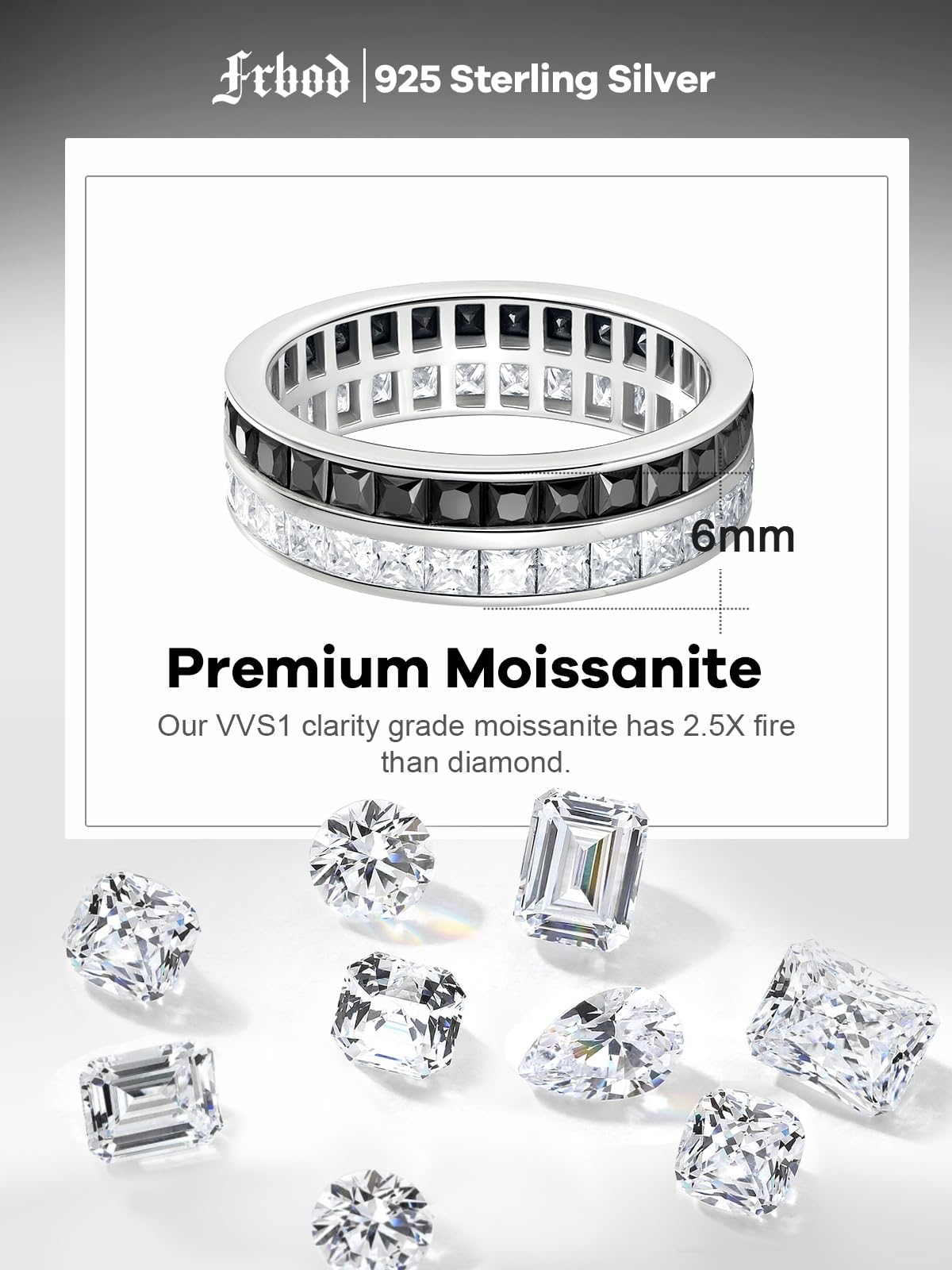 Frbod Womens Black Diamond Ring Moissanite Wedding Band Princess Cut Diamond Band Chunky Sterling Silver Rings Size 5