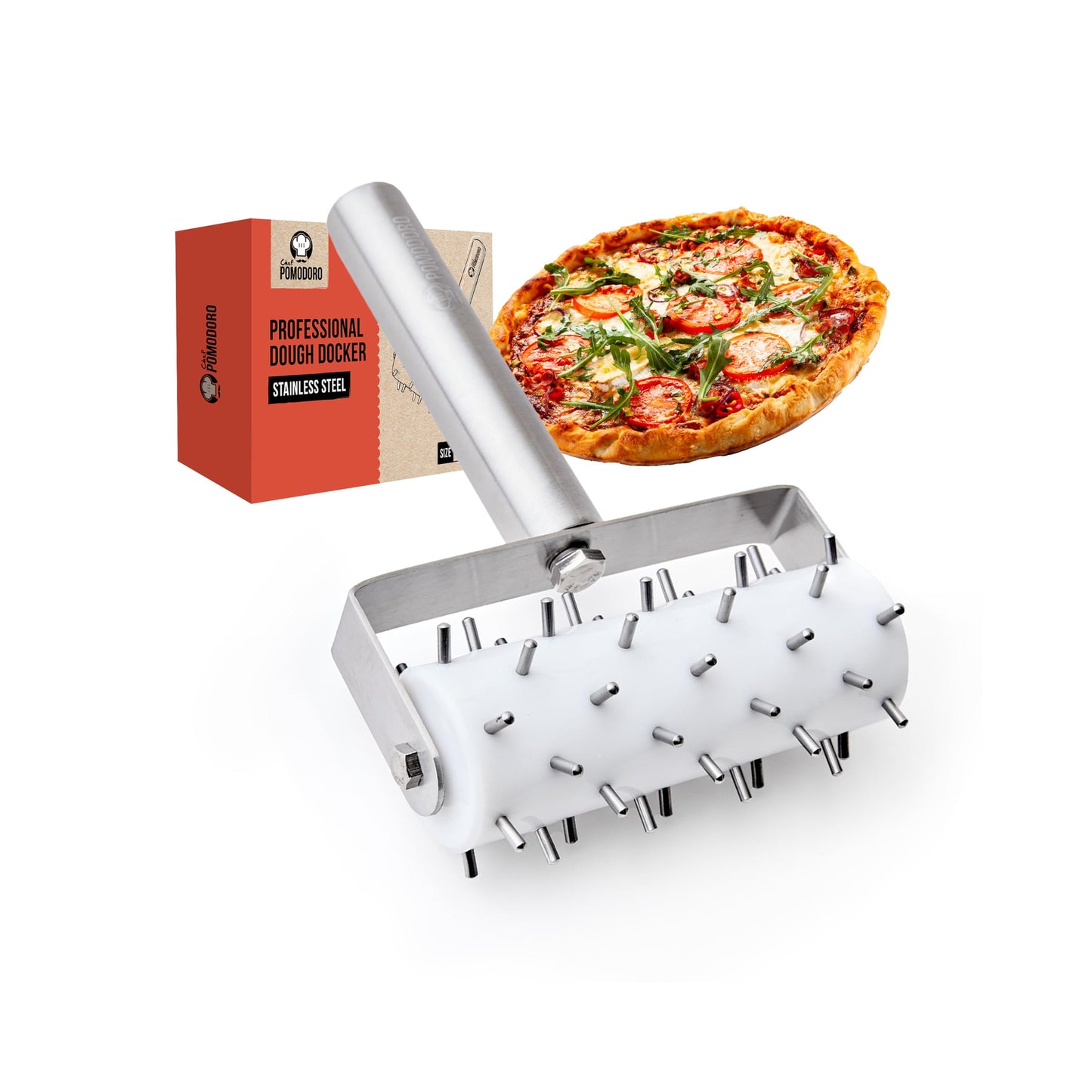 Chef Pomodoro Stainless Steel Pizza Dough Docker Roller (21 x 14.5 cm, Spike Length 7 mm) - Essential Kitchen Tool for Crackers Chef Pomodoro Stainless Steel Pizza Dough Roller
