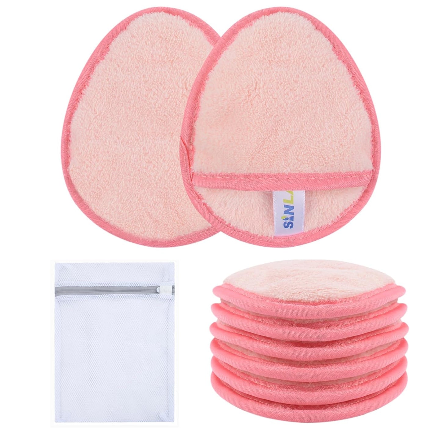 SINLAND Reusable Makeup Remover Pads For Face,Eye,Lips Microfiber Gentle Facial Cleansing Cloths for All Skin Types Friendly for Makeup Remover With Laundry Bag 5.1inchx3.93inch Pink Pack of 6