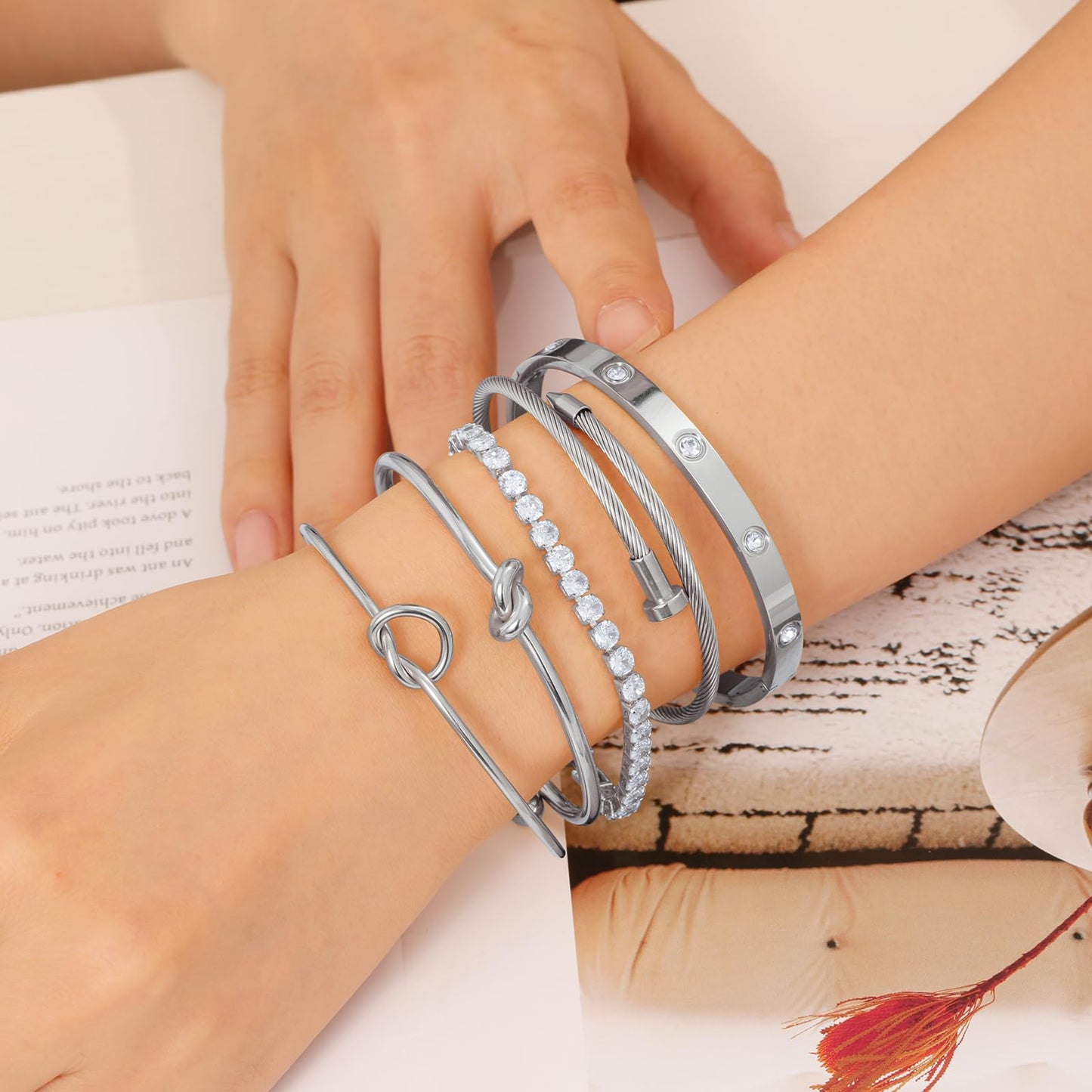 FAFUGA 18 K Silver Plated Love Bangle Bracelet Stack Cuff Jewelry for Women Jewelry Set for Women Gift with Box (style15)