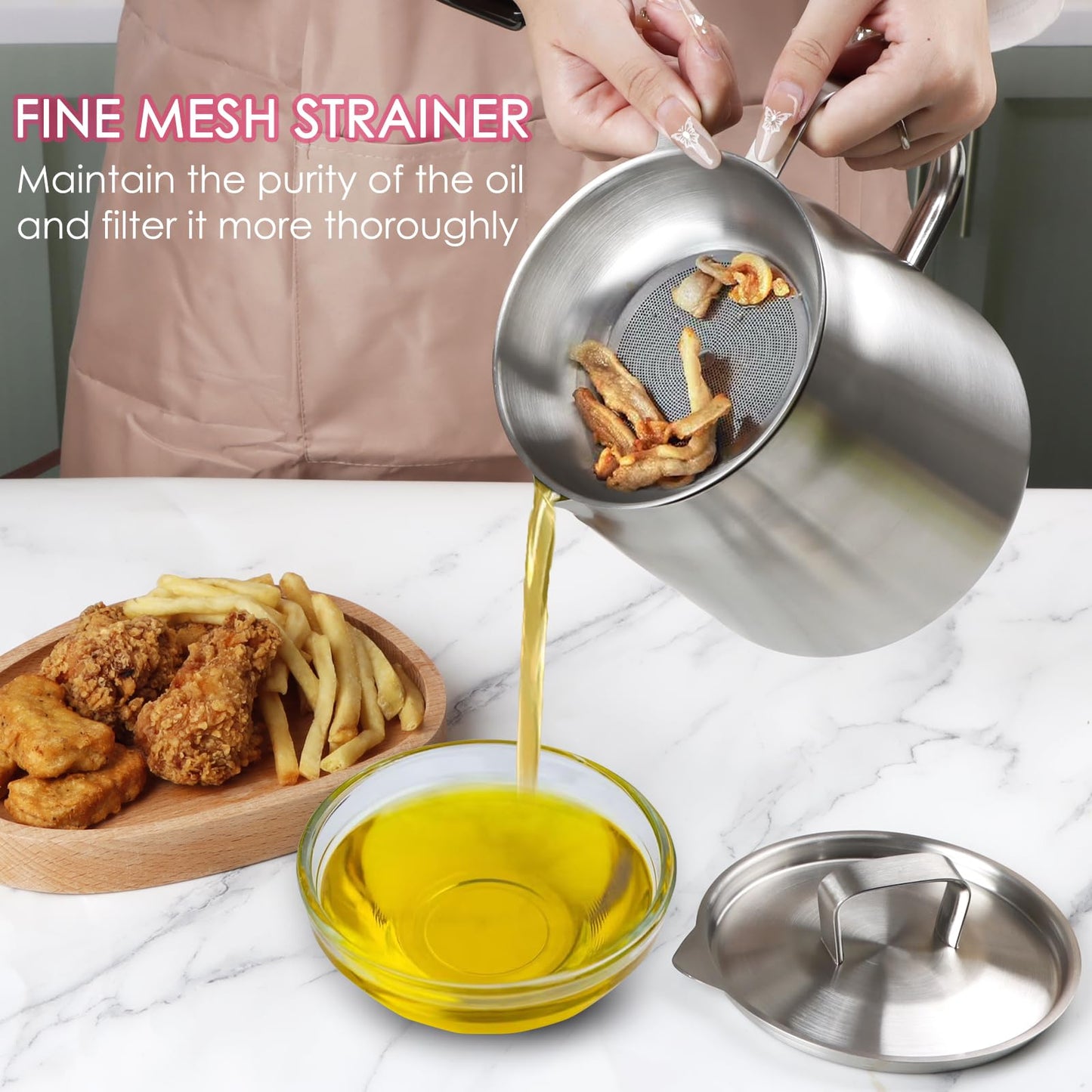 50oz 304 Stainless Steel Oil Filter Pot, Heavy Duty Bacon Grease Container & Deep Fryer Basket, Large Capacity Multi-function Oil Filter Vessel with Strainer for Kitchen Storing Frying Cooking Grease