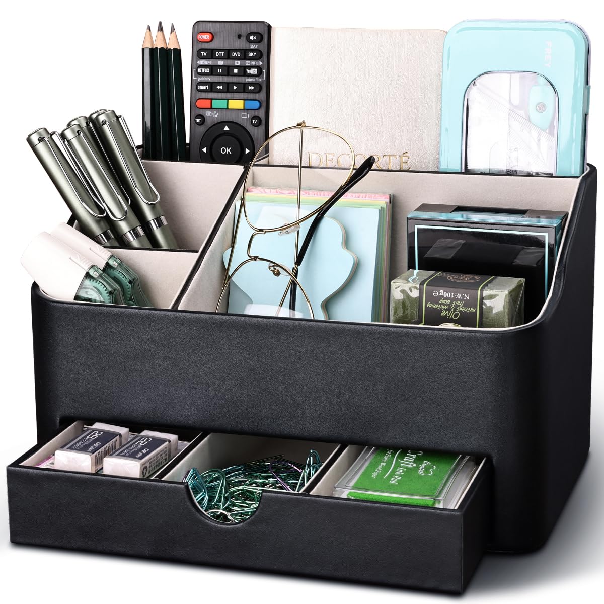 KINGFOM Desk Organizer with Drawer, Multifunction Pencil Holder for Desk, Desk Organizer and Accessories 5 Compartments for Home Office Supplies (Black)