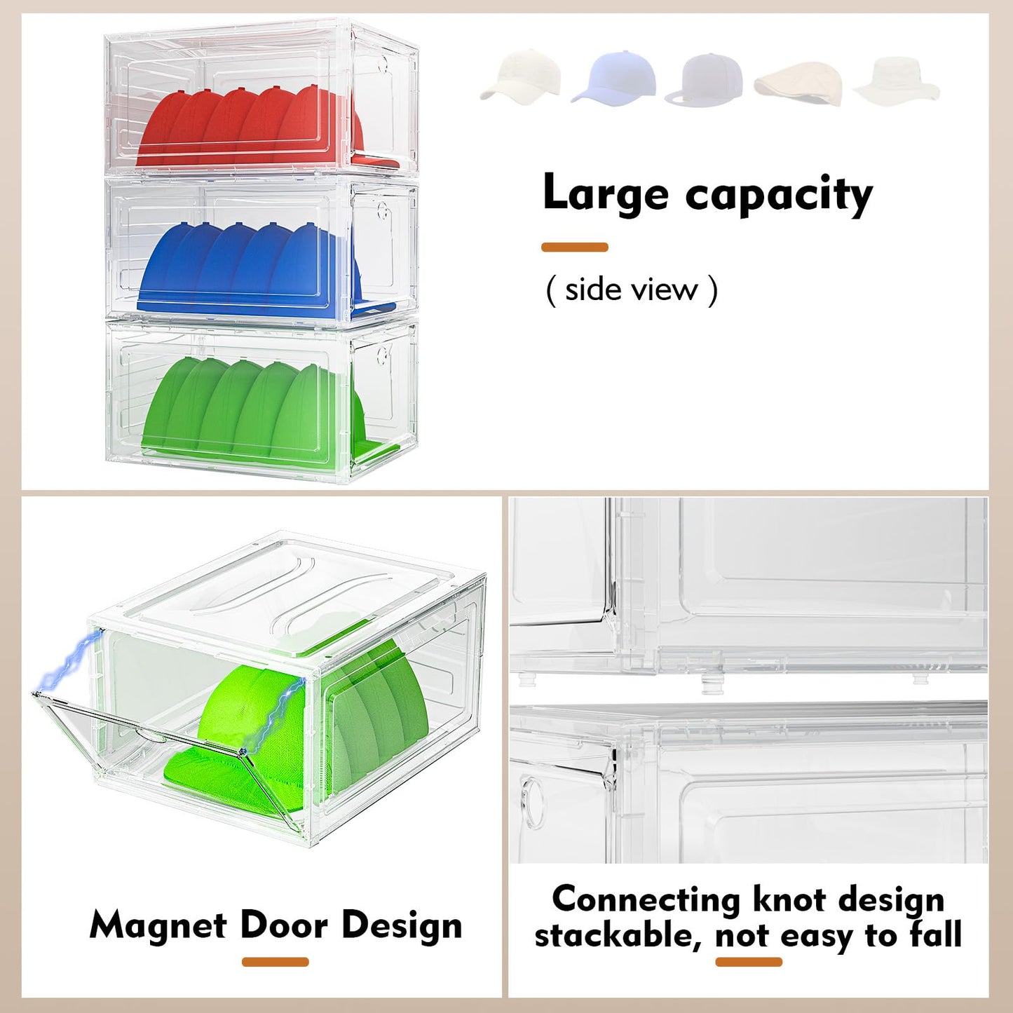 YKLSLH Hat Organizer Box, 6 Boxes for 40 Pack Hats, Upgrade Harder Solid Plastic Hat Organizer for Baseball Caps, Clear Hat Storage with Magnetic Door, Hat Rack Holder Case, White